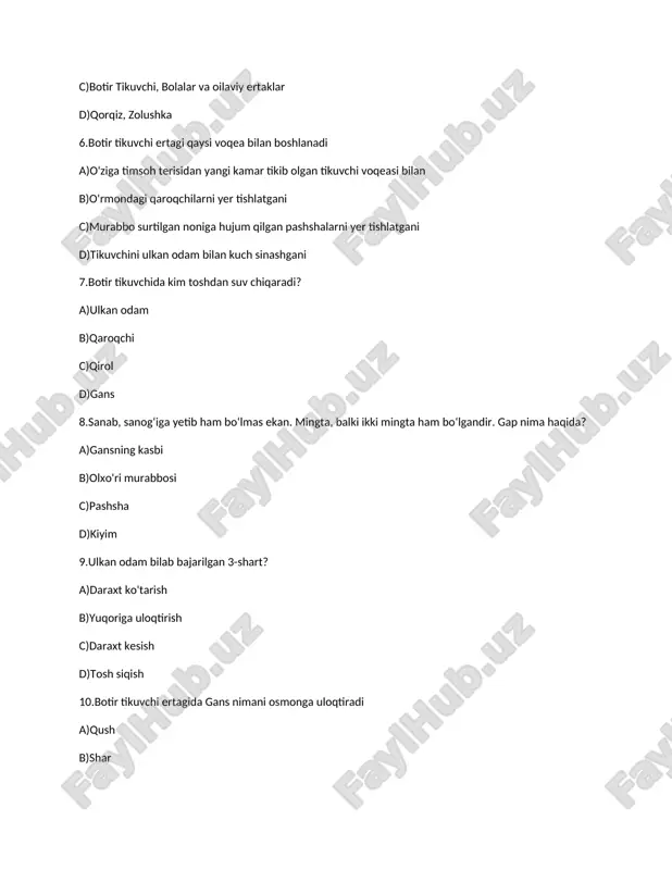larni ismi vilgelm va yakov b)berlin va gettingem universitetini professori bo'lgan c)olmon xalq og'zaki ijodini yuksaltirgan d)gettingemda o'qib yurganliklarida olmon tarixi va madaniyati bilan jiddiy shug'ullangan 15.grimmlar qaysi xaqlning folklor ijodiga katta hissa qo'shgan? a)olmon b)amerika c)farang d)ingliz 16.qirol dastlab kimni yengishni buyuradi? a)yakkashox 100 lashkar ulkan odam d)ikki qaroqchi 17.botir tikuvchi ertagida gans nimani tosh o'rniga siqadi? a)olxo'ri b)sariyog' c)tuxum d)pishloq 18.botir tikuvchining ismini toping a) yakob b) vilgelm c) gans d) a va b 19.botir tikuvchi sotib olgan murabbo nimadan tayyorlangan edi? a) orik b) gilos c)olxo'ri d)anor 20.tikuvchi gans o'rmondagi ikki qaroqchini yo'q qilishni qanday uddaladi ? a) ularning ovqatiga uyqu dori solib b) 100 nafar suvoriy yordamida c) uyqudagi qaroqchilarga tosh otib uyg'otib ,bir -biri bilan urishtirib d) sehrli ignasi yordamida 21.gans ulkan odamga nimani taklif etadi? a) birga ovga chiqishni b) jang qilib kuch sinashishni c) birga dunyo kezishni d) o'ziga shogird tushishini 22.gans daraxtning …