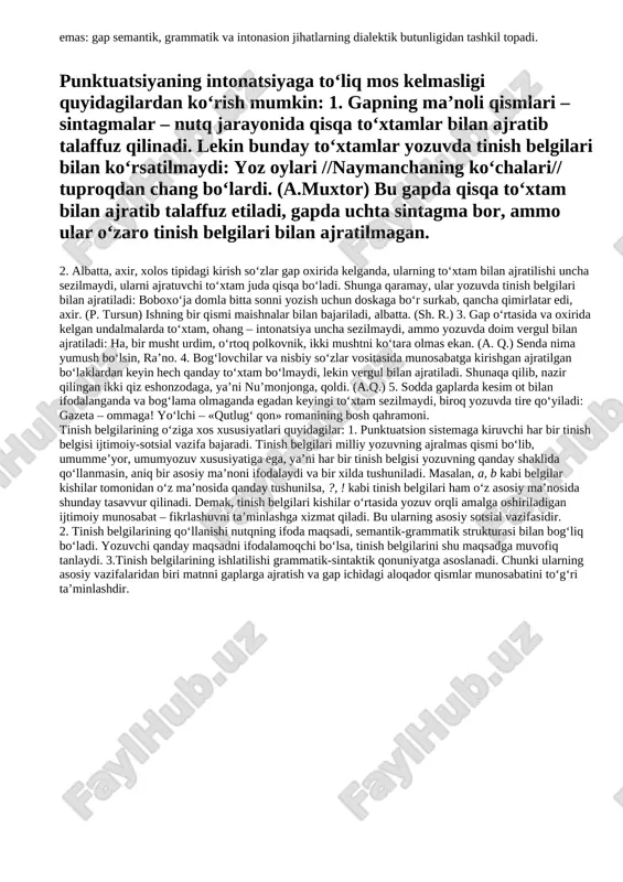 teng keladi; kirish konstruksiyalar va undalmalar og‘zaki nutqda qisqa to‘xtam bilan gap bo‘laklaridan ajraladi, yozuvda esa punktuatsion belgi vositasida ajratiladi. lekin, bunday yaqin aloqada bo‘lishiga qaramay, punktuatsiya va intonatsiya o‘zaro farqlanadi. bu farq, avvalo, ularning ikki sohaga xos vosita usuli bo‘lishi bilan, ya’ni punktuatsiya yozma nutqqa, intonatsiya esa og‘zaki nutqqa xosligi bilan belgilanadi. ikkinchidan, tinish belgilarining ishlatilishi hamma vaqt intonatsiyaga mos kelavermaydi. punktuatsiya tarixida tinish belgilarining ishlatilishini faqat intonatsiyaga bog‘lab izohlash hollari ham bo‘lgan. masalan, prof.a. m. peshkovskiy ko‘proq shu yo‘lni tanlagan. ammo punktuatsiyani faqat intonatsiyaga bog‘lash masalaga bir yoqlama yondashishdir. chunki hech vaqt orfografiya orfoepiyaga to‘liq mos kelmaganidek, punktuatsiya ham intonatsiyaga aynan mos kelmaydi. shuningdek, intonatsiya gapni shakllantiruvchi asosiy grammatik vositalardan biridirki, uni alohida ajratib olish mumkin emas: gap semantik, grammatik va intonasion jihatlarning dialektik butunligidan tashkil topadi. punktuatsiyaning intonatsiyaga to‘liq mos kelmasligi quyidagilardan ko‘rish mumkin: 1. gapning ma’noli qismlari – sintagmalar – nutq jarayonida qisqa to‘xtamlar bilan ajratib …