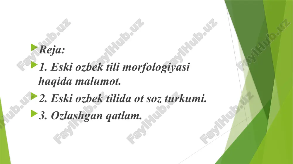 elim”.ii shaxs - ŋ ( -ïŋ, -iŋ // -uŋ,-üŋ): bögdäŋ - xanjaring, bägiŋ “beging”, qanïŋ “xoning”.iii shaxs -ï,-i //-sï-si: biligi “ilmi”, süsi “qoʻshini”, yağïsï “dushmani”. -lar/-lär affiksi: ağïlïqlar “boyliklar, xazinalar”, tapïğčïlar “xizmatchilar”, söŋüklär “suyaklar” (oltun yorugʻ), beglär – “beklar” (toʻn), qunčuylar “xonimlar” (kt). bu shakl runik yodnomalarda faqat otlarga qo‘shilgan bo‘lsa, keyingi davrlarda, chunonchi, moniy, turfon, uygʻur matnlarida fe’llarga ham qo‘shilib kela boshlagan: bardïlar “bordilar”, berdilär “berdilar”, ögläntürdilär - oʻziga keltirdilar.bu qoʻshimcha qadimgi turkiy tilda erkalash, kuchaytiruv, taxmin ma’nolarini ifodalash uchun ham xizmat qilgan: ämräk öküklärim “sevimli bolalarim” (oltun yorugʻ), yüräkläri – “yuraklari” (tt), qïrq yïllar – qirq yilcha (e). ot egalik, koplik va kelishik affikslarini oladi, boshqa turkumdagi sozlardan morfologik va sintaktik usul bilan ot turkumidagi sozlar yasaladi.koplik kategoriyasi. qadimgi turkiy tilda ham otlar koplik va birlik shakllarida qollangan. otlar birlikda qollanganda maxsus korsatkich bolmaydi. otlarda koplikni ifodalashning morfologik usuli sermahsuldir. bular quyidagilardir: mustaqil sozlar ot, sifat, son, olmosh, …