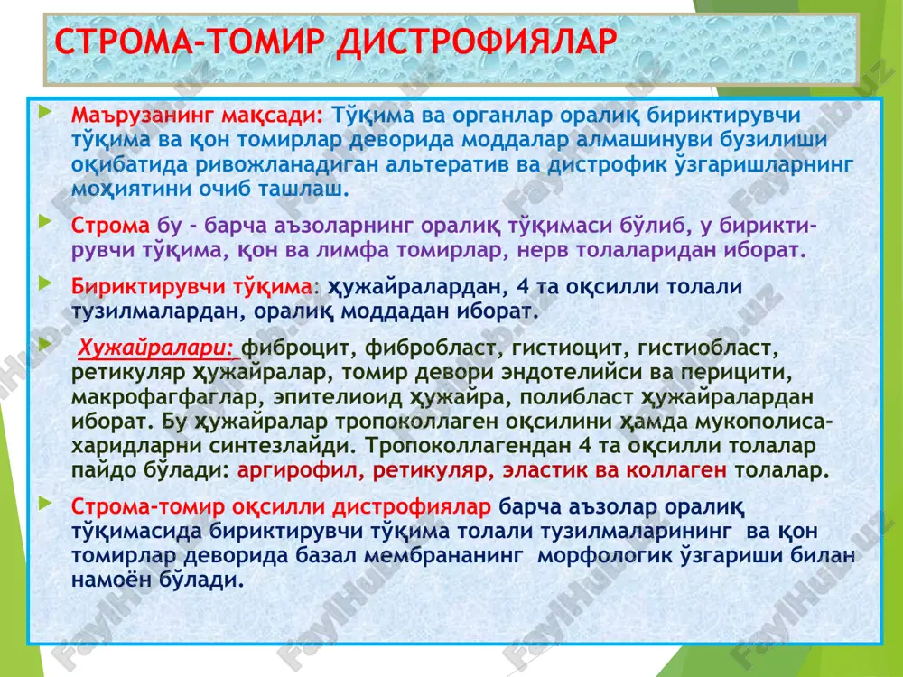 шаш дағал оқсил пайдо бўлиши. маҳаллий ва умумий. мукоид бўкишнинг морфогенетик механизми строма-томир дистротеинозлар мукоид бўкиш 1.ревматизмда томир девори нордон гликазамингликанлар тўпланишидан, гидрофиллик, сув шимиши, метахромазия оқибатида қалинлашган. 2.ревматик эндокардитда юрак қопқоқчаси мукоид бўкишга учраб, метахромазияланиб, қалинлашган, лимфогистиоцитар инфильтрат. * фибриноид бўкишнинг морфогенетик механизми строма-томир дистротеинозлар фибриноид бўкиш а.бириктирувчи толалари бўкиб, плазма оқсиллари шимилиб, фибрин толаларига ўхшаб қолган – фибриноид бўкиш б. буйрак коптокчаси капиллярлар базал мембранаси фибриноид некрозга учраб қалинлашган, пиронинли қизилга бўялган. * гиалиноз пайдо бўладиган жараёнлар гиалиноз, бу – бириктирувчи тўқима ва қон томирлар деворида гиалин тоғайига ўхшаш ярим ялтироқ, оқиш, зич модданинг пайдо бўлиши. сабаблари: плазморрагия, фибриноид бўкиш, яллиғланиш, некроз, склероз. механизмлари: плазморрагия, плазма оқсилларининг бириктирувчи тўқима толалари билан бирикиши, гиалин пайдо бўлиши. турлари: 1) томир девори г (умумий, маҳаллий) 2) бириктирувчи тўқима г (умумий, маҳаллий). гиалиноз, это – образование в соединительной ткани и в стенке сосудов однородного полипрозрачного плотного вещества, напоминающего гиалиновый хрящ. . причины: …
