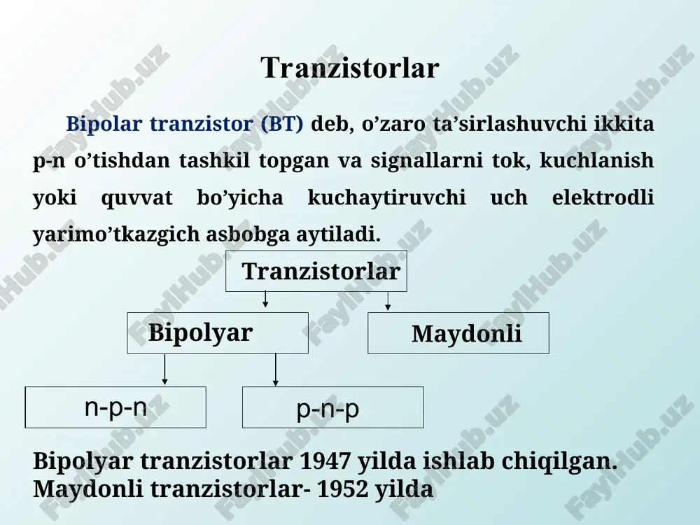 er (ue); umumiy kollektor (uk) btning ishlashi uch hodisa hisobiga amalga oshadi: emitterdan asosiy zaryad tashuvchilarning bazaga injeksiyalanishi; - bazaga injeksiyalangan eztlarning diffuziya va dreyf hisobiga ko’gacha yetib kelishi; - bazaga injeksiyalangan va ko’gacha yetib kelgan noasosiy zaryad tashuvchilarning ekstraksiyalanishi bipolar tranzistorning elektr modellari modellashning asosiy vazifasi bt elektr xarakteristikalari bilan fizik parametrlari orasidagi bog’lanishni aniqlashdan iborat. buning uchun bt elektr model ko’rinishida keltiriladi. uning modeli ba’zan ekvivalent sxema yoki almashlash sxemasi deb ham ataladi elektr modelda bt oddiy elementlar (diod, tok manbai, rezistor va kondensatorlar) yoki to’rt qutbli bilan almashtiriladi. tranzistor modellari elektron sxemalar parametrlari va xarakteristikalarini hisoblashda va eng muhimi, integral sxemalarni ishlab chiqarishda, murakkab sxemani sodda va aniq modellar asosida tahlil qilish zarur bo’lganda ishlatiladi. ishlash rejimlari aktiv rejim. emitent o'tish joyiga to'g'ridan-to'g'ri kuchlanish, kollektor birikmasiga esa teskari kuchlanish qo'llaniladi. analog signallar bilan ishlashda bu rejim tranzistorning asosiy ish rejimi hisoblanadi. o'chirish rejimi. ikkala o'tish joyiga teskari …