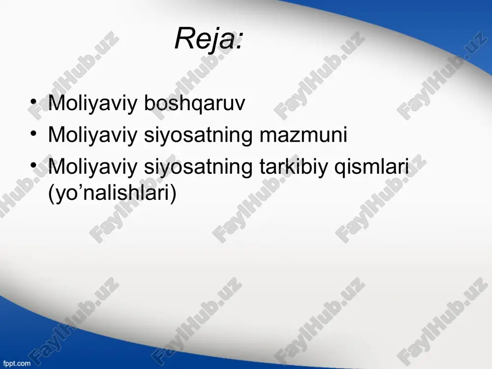 -oʻzini moliyalashtirishga erishishdir. korxona moliyaviy siyosati uning pul fondlaridan oqilona foydalanishiga, uning qarzdorligining meʼyorida boʻlishiga, pul mablaglarining oʻz vaqtida aylanib turishiga, moliyaviy majburiyatlarning vaqtida bajarilishiga qaratiladi. korxona moliyaviy siyosatining maqsadi quyidagilardan iborat bo’lishi mumkin: uy xo’jaliklari(xonadon)ning moliyaviy siyosati ularning daromadlari va harajatlarini balanslashtirish, yaʼni daromad manbalarini topish, daromadlarni oqilona ishlatish va farovonlikni oshirishni koʻzlaydi. davlat moliyaviy siyosatining asosiy maqsadi - jamiyatda yaratilgan boylik va ne’matlarning jamiyat a’zolari o’rtasida davlat moliyasi orqali maksimal darajada adolatli taqsimlanishini ta’minlash moliyaviy siyosatning tarkibiy qismlari (yo’nalishlari) budjet siyosati – budjet munosabatlarini tashkil etish tamoyillarining bajarilishini ta‘minlash, davlat va jamiyat oldida turgan maqsad va vazifalarni davlat byudjeti orqali amalga oshirish usullari, chora-tadbirlari va maqsadli faoliyatlari yig’indisidir. budjet siyosati davlat va jamiyat rivojlanishining turli bosqichlarida turlicha bo’lishi, ijtimoiy-iqtisodiy taraqqiyot darajasiga qarab o’zgarib turishi mumkin. budjet siyosati budjetda to'planadigan yaim hissasini aniqlashda, mamlakat yuqori va quyi organlari munosabatlarida, budjet xarajatlar qismining tarkibiy tuzilishida, turli darajadagi byudjetlar o‘rtasida xarajatlarni …