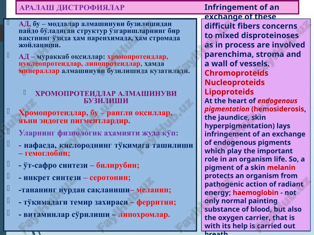 итин шок ҳолатларида, адреналиннинг антогонисти сифатида кўпаяди classification endogenous pigments homoglobinogebnous, representing various derivatives of haemoglobin; proteinogenous (or tirozinogenous), connected with an exchange тирозина; lipidogenous (or lipopigments), formed at an exchange of fats. in this connection allocate the pigments formed in a blood channel (hematoporfirin, bilious pigments, a malarial pigment) and the pigments formed out of a blood channel (hemoseredine). шок – жигарда фаол sh-ферритин миқдори кўпайиши аралаш дистрофиялар гемосидерин бу, гем парчаланганда коллоидли темир гидрооксиди кўринишида пайдо бўлади. моноцитар-макрофагал ҳужайралар ичида жойлашиб, оқсил, гликозамингликанлар ва липидлар билан бирикиб пайдо бўлади. цитоплазмасида гемосидерин бор ҳужайралар – сидеробластлар дейилади. гемосидерин меёрда талоқ, жигар, суяк кўмиги, лимфа тугини ретикуляр ва эндотелий ҳужайраларида учрайди. гемосидерин алмашинуви бузилиши – гемосидероз касаллиги дейилади. гемосидерознинг умумий ва маҳаллий формалари мавжуд. умумий гемосидероз – қоннинг интраваскуляр гемолизида учрайди. у, қон касалликлари – лейкоз, анемияда; гемолитик захарланишларда, инфекцияларда (қайталама тиф, бруцеллез, безгак); бошқа гуруҳдаги қон қуйилганда ривожланади. маҳаллий …