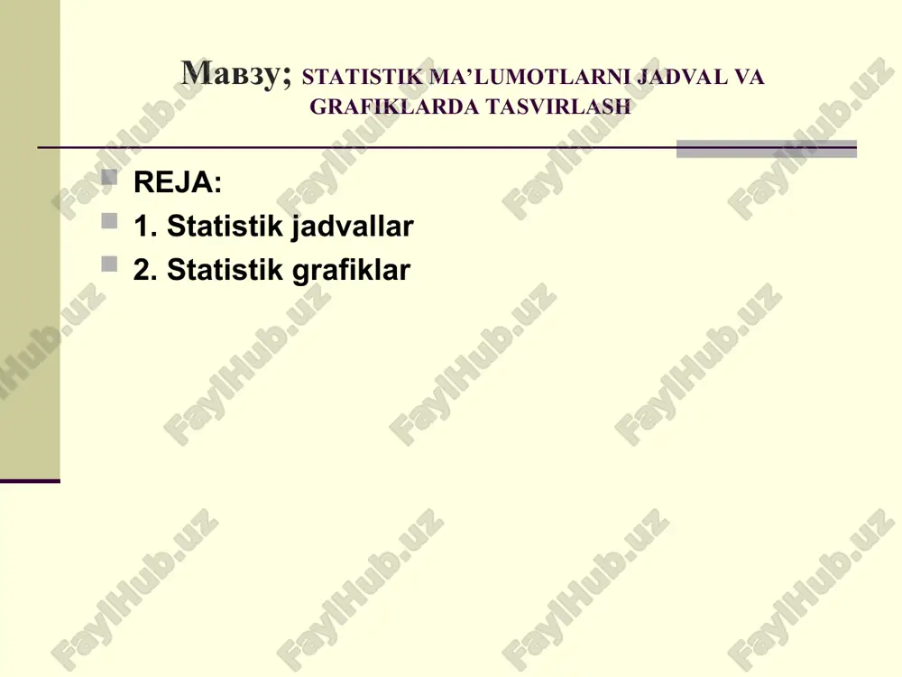 aviy diagrammalarning maqsadi - hodisalar (to’plam) ning har bir qismlari nisbati sifatida tavsiflanadigan statistik to’plamning tarkibini grafikda ifodalashdan iborat. 2. statistik grafiklar hodisalar vaqt bo’yicha o’zgarishini tasvirlash uchun dinamika diagrammalari tuziladi. dinamika qatorlaridagi hodisalarni tasvirlash uchun ustunli, lentali, kvadrat, doiraviy, chiziqli, radial va boshqa diagrammalardan foydalanilishi mumkin. chiziqli grafiklarni tuzish uchun to’g’ri chiziqli koordinatalar tizimi qo’llaniladi. odatda, abtsissalar o’qi bo’yicha vaqt (yillar, oylar va boshqalar), ordinatalar o’qi bo’yicha esa – tasvirlanayotgan hodisalar yoki jarayonlar miqdoriy ko’rsatkichlari joylashtiriladi. 2. statistik grafiklar grafiklar orqali variatsion qatorlar darajalari ham tasvirlanishi mumkin. ular asosan chiziqli diagrammalar orqali tasvirlanadi. variatsion qatorlarni tasvirlovchi grafiklarning gistogramma, poligon, kumulyata va ogiva deb ataluvchi turlari mavjud. ular to’g’ri chiziqli koordinatalar tizimida ifodalanadi. gistogramma – bu intervalli variatsion qatorlarni tasvirlash uchun xizmat qiladi. bunda intervalli belgi o’lchovlari koordinata tizimi abstsissasida, intervalli belgining mos chastotalari (soni, vazni, salmog’i va h.k.) esa ordinata o’qida ma’lum masshtabda shkalalarda belgilanadi. 2. statistik grafiklar poligon …