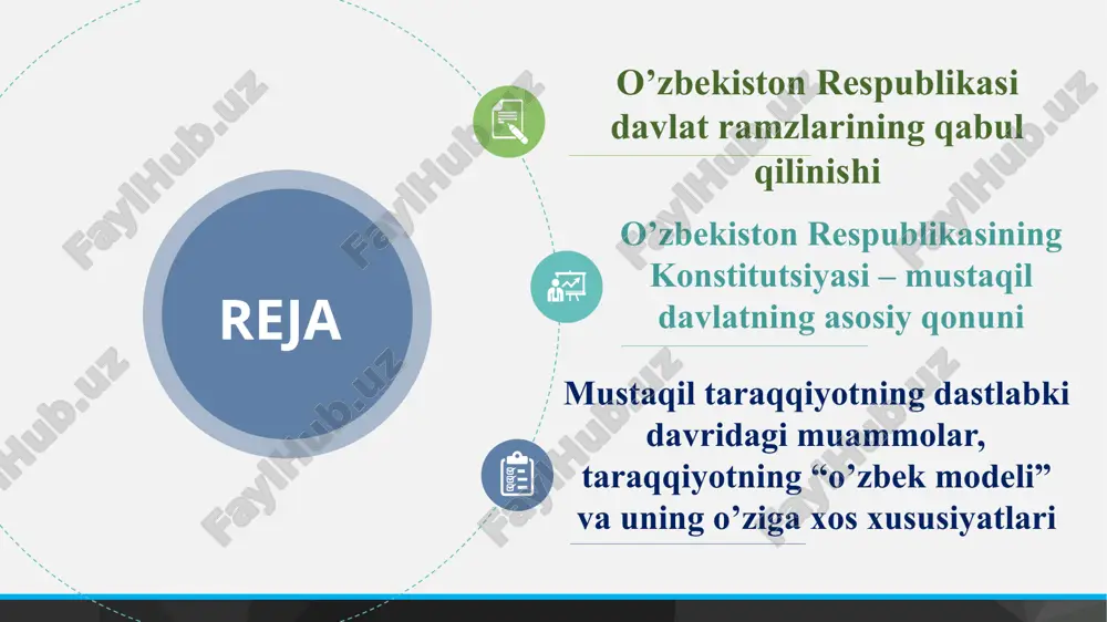vlat mustaqilligining ramziy belgilaridan biri hisoblanadi. «gerb» so‘zi nemischa «erbo» so‘zidan olingan bo‘lib, shohlar va hukmdorlarga davlat, hudud va boshqa nasldan-naslga meros qoluvchi mulk belgisini anglatadi. “o‘zbekiston respublikasining davlat gerbi to‘g‘risida”gi qonunga1999 yil 15 aprel, 2003 yil 25 aprel, 2004 yil 3 dekabr va 2010 yil 24 dekabrda qabul qilingan qonunlarga muvofiq qo‘shimchalar kiritilgan. nodavlat notijorat tashkilotlarining ramzlari о’zbekiston respublikasining davlat gerbiga o‘xshash bo‘lishi mumkin emas. o‘zbekiston respublikasining fuqarolari, o‘zbekistonda turgan boshqa shaxslar davlat gerbini hurmat qilishlari shart. * o‘zbekiston respublikasining davlat madhiyasi 1992 yil 10 dekabrda qabul qilingan «o‘zbekiston respublikasining davlat madhiyasi to‘g‘risida»gi qonunga binoan, o‘zbekiston respublikasining davlat madhiyasi o‘zbekiston respublikasi davlat suverenitetining ramzidir. davlat madhiyasi qonunda belgilangan vaqt va marosimlarda ijro etiladi. davlat madhiyasi umummilliy bayramlar va tantanali tadbirlar vaqtida ijro etilishi mumkin. davlat madhiyasi ko‘pchilik huzurida ijro etilganda hozir bo‘lgan kishilar madhiyani tik turib va o‘ng qo‘l kaftini ko‘krakning chap tomoniga qo‘yib, harbiy yoki davlatning boshqa xizmatidagi …