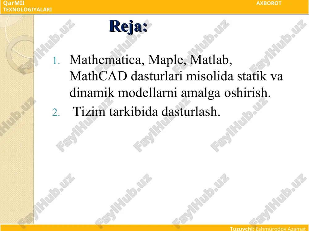 bo’ldi. 1991 yilda tizimning mathematica 2 versiyasi, 1996 yilda esa mathematica 3.0 versiyalari taklif etildi. shundan keyin bu dasturiy tizim 20 dan ortiq operatsion tizimlar, ya`ni microsoft windows, windows nt, os/2, linux, unix va boshqa operatsion tizimlar muhitida ishlash uchun moslashtirildi. bu tizim, yuqorida sanalgan tizimlar kabi, amaliy dasturlar ta’minoti (adt) yaratuvchi mutaxassislar uchun quyidagi: matematik amallar: ifodalarni soddalashtirish, ular ustida algebraik shakl almashtirishlar bajarish, turli tenglama va tengsizliklarni sonli va analitik yechish, differensiallash, integrallash, matritsalar ustida algebraik amallarni bajarish, optimallash masalalarini hal qilish, turli ko’rinishdagi (oshkor, oshkormas, parametrik va h.k) funksiyalarni grafiklarini yasash masalalarni tez va aniq amalga oshirish; hujjatlar va dasturlarni yaratish hamda tahrirlash imkoniyatini beruvchi matn muharrirlari; foydalanuvchilar uchun interaktiv rejimda (bevosita muloqot asosida) ishlash imkoniyatini beruvchi ko’p oynali interfeys; yuqori saviyada tashkil etilgan ma’lumotnoma tizimi; analitik va sonli ifodalar ustida amallar bajaruvchi protsessor; muloqot jarayonidagi noaniqliklarni ko’rsatuvchi diagnostika tizimi; tizimning bevosita yadrosiga biriktirilgan tayyor dastur va …