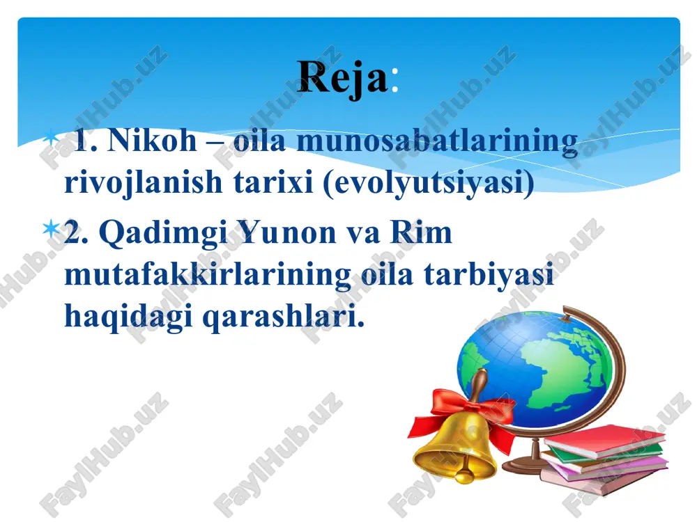 ga yetganlaridan keyin «polestra» kurash maktabi deb atalgan o’quv yurtiga o’tar edilar. bu o’quv yurtida ular 23 yil davomida jismoniy mashqlar bilan shug’ullanar edilar. 3.2. qadimgi yunon va rim mutafakkirlarining oila tarbiyasi haqidagi qarashlari suqroq (mill.avv. 447-399 y.) aristotel (mill.avv. 384-322) aflotun (platon) (mill.avv. 427-347) mark fabiy kvintilian (milodiy 35-96 y.) suqrot tarbiyadan kutilgan maqsad, buyumlar tabiatini o’rganish bo’lmay, balki kishining bilim olishi, axloqni kamol toptirishi bo’lmog’i lozim edi. suqrot faylasuf bo’lishi bilan birga ajoyib notiq ham edi. u pedagogika olamiga ana shunday savol-javob metodini ya’ni «evristik» suhbat metodini yangi (savol berish va savolni to’ldirish) metodini olib kirdi. u tarbiyada axloqiy, estetik, jismoniy tarbiya mezonini ishlab chiqdi. platon uning fikricha ideal davlat 3 xil ijtimoiy guruhlardan iborat bo’lishi: faylasuflar, jangchilar, hunarmandlar va dehqonlar guruhidan iborat bo’lishi lozim. faylasuflar davlatni boshqaradilar, jangchilar ularni har qanday dushmandan himoya qiladilar, uchinchi gurux esa mexnat qilib, mo’l xosil etishtirib faylasuflar va jangchilarni boqadilar degan …