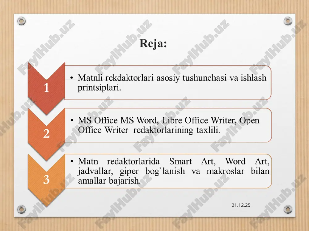 ra yordamida fayl bo`yicha harakatlanish * vstavka - menyusi ushbu menyu orqali hujjatga jadval, rasm geometrik figura, smartart, diagramma, giperssilka, kolontitul, wordart, formula, klaviaturada yo’q simvol, sahifalarga raqam va boshqa ko’plab vazifalarni bajarishimiz mumkin. * tablitsa yordamida jadval qo’yish geometrik figura qoyish diagramma hosil qilish * giperssilka yordamida bog’lanish nadpis yordamida matnlar kiritish * sahifaga raqam qo’yish wordart orqali yozuvlar stilini tanlash * simvoldan foydalanish * kolontituldan foydalanish. * asboblar panеlidan ushbu piktogrammani bosishimiz bilan matematik formulalardan foydalanish oynasi ishga tushadi - tayyor formulalar shabloni. * * razmetka stranitsi menyusi ushbu menyudan sahifani chetkka o’lchamlari, sahifa foni, shrift orasidagi interval, kolonka, joylashish tartibini o’zgartirishimiz mumkin. * * kolonki – yordamida matnlarni ustun ko’rinishga o’zgartirish. * * * vid menyusi. oynaning ko’rinishini sozlash uchun hizmat qiladi. * libreoffice dasturi linux operatsion tizimi uchun moslashgan dastur bo’lib, ushbu dasturda jadvallar, hujjatlar, turli xil ko’rgazmalar, rasmlar, formulalar va ma’lumotlar ba’zalari bilan ishlanadi. 2. …