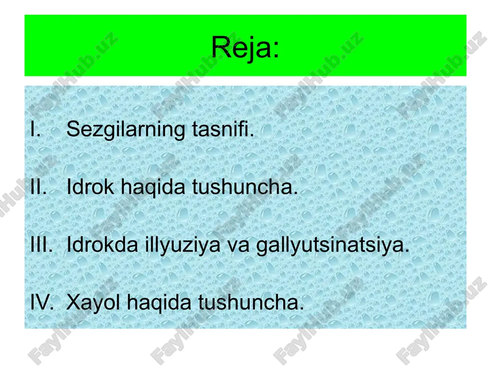 обланиб ва афферент асосини ташкил қилади. сезгининг қуйидаги турлари мавжуд: кўриш сезгилари; эшитиш сезгилари; ҳид билиш сезгилари; таъм билиш сезгилари; тери сезгилари; мускул –ҳаракат (кинестетик); статистик сезгилари; органик сезгилари; билиш (аклий интеллектуал) жараёнлар с е з г и и д р о к х о т и р а х а ё л т а ф а к к у р psixolog.uz psixolog.uz cheksizlik идрок сезги аъзоларимизга таъсир қилиб турган нарсаларнинг онгда яхлит ҳолича акс этишидир. биз нарса ва ҳодисаларни яхлит ҳолича идрок қиламиз, нарсаларнинг айрим хоссаларини эса сезамиз. масалан, қуёшни биз идрок қиламиз, унинг ёруғини эса сезамиз. аммо хосса ва нарса бир-биридан ажралмасдир, шу сабабли нарсаларни идрок қилиш ҳам сезгилардан ажралган ҳолда воқе бўлиши мумкин эмас. psixolog.uz psixolog.uz идрок-деб сезги аъзоларига бевосита таъсир этиб турган нарса-ҳодисалар образларини киши онгида бир бутун ҳолда акс эттирилишига айтилади. aппeрцeпция – идрoк жaрaёнини шaxснинг oлдинги билимлaри, шaxсий вa ижтимoий тaжрибaлaри, қизиқишлaри, мoтивaцияси, эҳтиёжлaри …