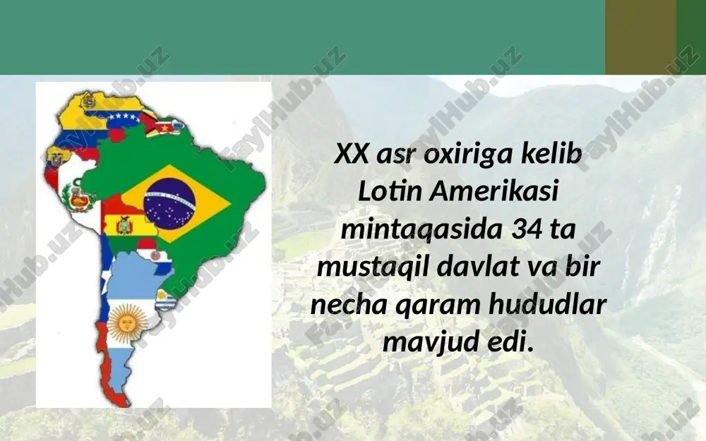 argentina g-20 («katta yigirmalik») obro‘li klubiga a’zo bo‘lsa-da, jahon siyosatida hali katta rol o‘ynamaydi. meksikada 1994 – 2010-yillari meksikaga kiritilgan chet el investitsiyalari miqdori to‘rt marta o‘sdi. shuning 75 % i aqsh ulushiga to‘g‘ri keladi. braziliya bugun dunyoning yirik iqtisodiyotlaridan biri, jadal rivojlanayotgan xitoy, hindiston, janubiy afrika respublikasi va rossiya bilan birgalikda briks tashkilotining a’zosi hisoblanadi. briks tashkiloti a’zolari savol va topshiriqlar 1. rivojlanishning neoliberal yo‘li lotin amerikasi mamlakatlari uchun qanday ahamiyat kasb etdi va qanday muammolarni keltirib chiqardi? 2. xx asr oxiriga kelib lotin amerikasi mamlakatlarining aqsh bilan munosabatlarida qanday modellar shakllandi? 3. xx asr oxiridan boshlab lotin amerikasi mamlakatlarida an’anaviy siyosiy partiyalarga aholi ishonchining so‘nib borishiga qanday jarayonlar sabab bo‘ldi? 4. lotin amerikasining yirik davlatlari xxi asrda qanday maqsadlarni oldiga qo‘yib rivojlanmoqda? image2.jpg image3.jpeg image4.jpeg image5.jpeg image6.jpeg image7.jpeg image8.jpeg image9.jpeg image10.jpeg image11.jpeg image12.jpeg image13.jpeg image14.jpeg image15.jpeg image16.jpeg image1.jpg ecuador presidents meeting президент рф в. путин принял участие во …