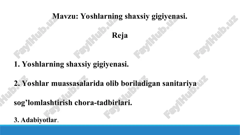 shlar muassasalarida yoshlarni normal o’sishi, sog’lig’ini saqlash, sog’lomlashtirishga qaratilgan tadbirlarni bajarilishi ustidan sog’liqni saqlash va maorif organlari hamda jamoat tashkilotlari tomonidan meditsini-sanitariya nazorati o’rnatiladi. 2. yoshlar muassasalarida olib boriladigan sanitariya sog’lomlashtirish chora-tadbirlari. yoshlar muassasalarida olib boriladigan sanitariya sog’lomlashtirish shart-sharoitlari quyidagilardan iborat. 1. bolalar va yoshlarning sog’lig’i, jismoniy rivojlanishini vaqti-vaqti bilan meditsina ko’rigi o’tkazish yordamida aniqlash. 2. yoshlar o’rtasida uchraydigan har xil kasalliklarni o’z vaqtida aniqlash va oldini olish, yuqumli kasalliklarga qarshi bolalar va yoshlarni emlash. 3. jismoniy va mehnat tarbiyasi, ovqatlanish rejimi va ovqat sifati, kun tartibini tuzish va unga rioya qilish ustidan meditsina-sanitariya nazorati o’rnatish. 4. yoshlar muassasalarida yoshlarni o’sish va rivojlanishi uchun zarur bo’lgan sanitariya gigiena tartiblarini yaratish va yoshlarda gigienik ko’nikmalarni tarbiyalash. 5. tarbiyachilar, ota-onalar, jamoat vakillarini yoshlar o’rtasida olib boriladigan sanitariya sog’lomlashtirish ishlariga jalb etish, ular o’rtasida gigiena bilimlarini keng targ’ibot qilish. 3. adabiyotlar. 1. k.sh. baltaeva, sh.t iskandarova sanoat gigiyenasi va sanitariyasi.t. 2010-y. 2. nurmuhammedova …