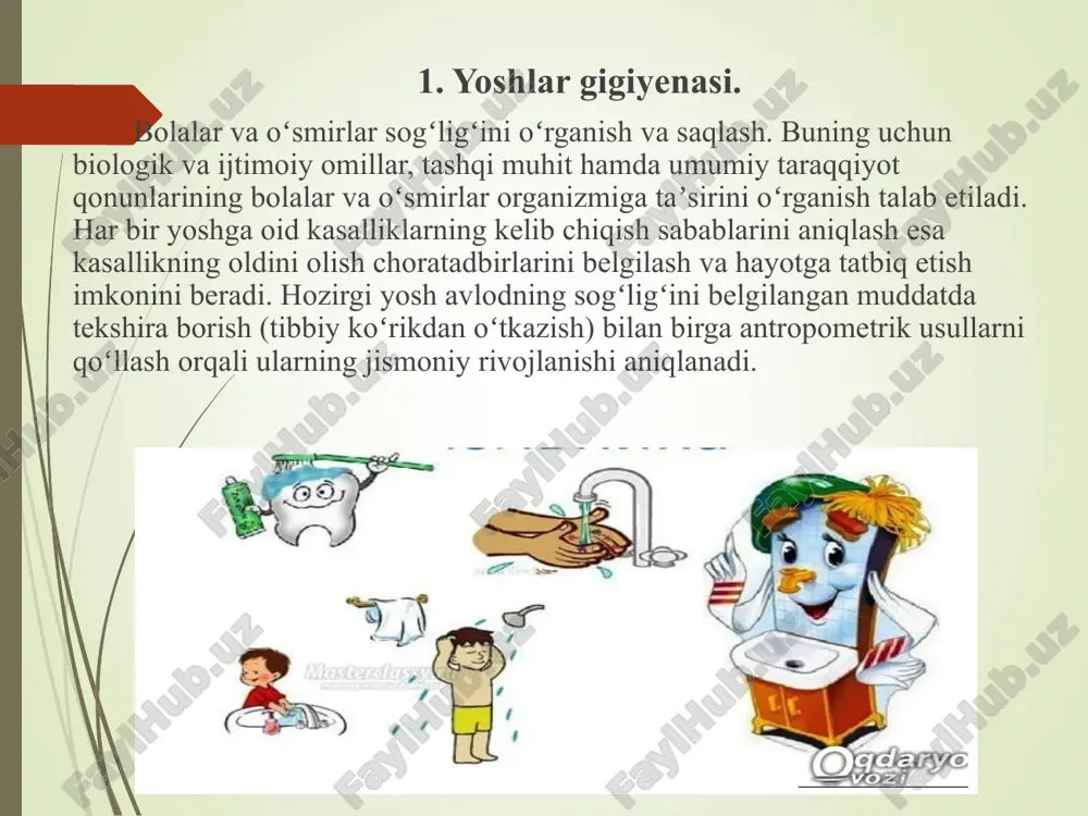 nun qoidalari majmua. sh.g. har bir kishining o’ziga va yoshiga bog’liq bo’lib, aqliy va jismoniy mehnatni to’g’ri yo’lga qo’yish, jismoniy tarbiya bilan shug’illanish, ovqatni vaqtida yeyish, miriqib uxlash, mehnat va dam olishni to’g’ri uyushtirishdan iborat. tor ma’noda badan, kiyim-kechak, ko’rpa-to’shak, turarjoy, ovqat tayyorlash gigiyenasi va h.k.lar ham sh. g.ga kiradi. birinchi navbatda badanni ozoda saqlashga e’tibor berish zarur. ma’lum bo’lishicha yog’ bezlari bir haftada teri ostiga 100-300 g. yog’, ter bezlari esa 3,5-7 l. ter ishlab chiqarar ekan. shuning uchun muntazam yuvinib turish lozim, aks holda badanni mikroorganizmlarga qarshi kurashish va himoyalanish funksiyasi susayib, har xil yiringli yara-chaqalar paydo bo’ladi. shaxsiy gigiyena - gigiyenaning bir boʻlimi; shaxsiy hayot va mehnat faoliyatida amal qilinishi zarur boʻlgan gigiyenik rejim yoʻli bilan odam sogʻligʻini saqlash va mustahkamlash masalalarini ishlab chiqadi. shaxsiy gigiyena har bir kishining oʻziga va yoshiga bogʻliq boʻlib, aqliy va jismoniy mehnatni toʻgʻri yoʻlga qoʻyish, jismoniy tarbiya bilan shugʻullanish vaqtida ovqatlanish, …