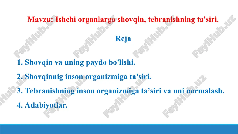 sh chastotasi kam bo’lsa - u past eshitiladi, tovush chastotasi katta bo’lsa, u baland eshitiladi. shovqinlarni quyidagi chastotalarga bo'linadi: past chastotali (350 gs gacha), o'rta chastotali (350 gs dan 800 gs gacha), baland chastotali (800 gs dan baland bulgan). baland chastotali tovushlar inson eshitish organlariga o’z ta'sirini ko‘rsatadi. shaharlarda asosiy tovush manbalari - avtotransport, temir va havo yo’llari transportlari va sanoat korxonalari hisoblanadi. 2. shovqinning inson organizmiga ta'siri. insonning eshitish organlari ba'zi doimiy va takrorlanib turadigan shovqinlarga moslanishi mumkin, ammo bu eshitish qobiliyatining zaif bo’lishidan saqlab qolmaydi. shahar shovqinlari sharoitida eshitish analizatori doim tarang holda bo’ladi. bu eshitish qobiliyatining pasayishiga olib keladi. shovqin darajasi 70 db bo’lganda, so'zlash aniqligini qiyinlashtiradi. shovqinning eshitish organlariga ta'siri. shovqinning eshitish organlariga ta'siri natijasida, birinchi navbatda baland tovushlarni inson eshita olmaydi, keyinchalik esa past tovushlarni ham eshitolmaydi. eshitish qobiliyatining pasayishi asosan insonning individual fiziologik xususiyatlariga ham bog’liqdir. * masalan, bir xil odamlar shovqinnig kam muddatli …