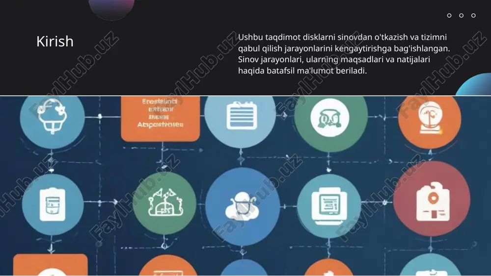 vofiqlik kiradi. bu talablar tizim ishtirokchilari uchun aniq va o'zaro bog'liq bo'lgan ko'rsatmalarga muvofiq amalga oshirishga yordam beradi. xulosa ushbu taqdimot diskni sinovdan o'tkazish va tizimni qabul qilish jarayonlari, ularning maqsadi va natijalarini tahlil qilishni o'z ichiga oldi. ushbu jarayonlar orqali biz disk va tizimning ishonchliligini va samaradorligini oshirishimiz mumkin. image5.jpeg image6.jpeg image7.jpeg image8.jpeg image9.jpeg image10.jpeg image11.jpeg image12.jpeg image1.png image2.png image3.png image4.png