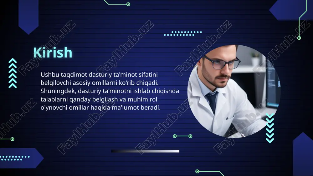 arali bo'ladi. bu, shuningdek, loyiha davomida muammo paydo bo'lishini kamaytiradi. dasturiy ta'minot funksiyalarini belgilash dasturiy ta'minot funksiyalarini belgilash muhim bosqich hisoblanadi, chunki bu jarayon dasturiy ta'minotning qanday ishlashi va foydalanuvchilarga qanday qiymat taklif qilishini belgilaydi. har bir funksionallik, uning maqsadi va muhim afzalliklari tushuntirilishi kerak. bunda xizmatlarning, interfeysning ishlashi va integratsiya shartlari belgilanadi. sifat standartlari va ularning roli sifat standartlari dasturiy ta'minot natijalarini belgilovchi me'yorlar bo'lib, ular mahsulotning ishonchliligi va samaradorligini oshiradi. bozor talablariga mos keladigan sifat standartlari mijoz qoniqishiga erishish uchun muhimdir. standartlar orqali dasturiy ta'minot ishlab chiqarishni sifatli nazorat qilish va o'lchash mumkin, bu esa jarayonlarni samarali va xavfsiz qiladi. xulosa dasturiy ta'minotni ishlab chiqishda sifat omillarini va talablarni izchil baholash zarur. texnik va insoniy omillar dasturiy ta'minot sifatini belgilovchi asosiy ko'rsatkichlardir. ushbu taqdimotda keltirilgan talablar ishlab chiqish jarayonida foydalanuvchi ehtiyojlarini aniqlash, funksiyalarini belgilash va sifat standartlarini qo'llash muhimligi ta'kidlandi. image1.png image2.png image3.png image4.png