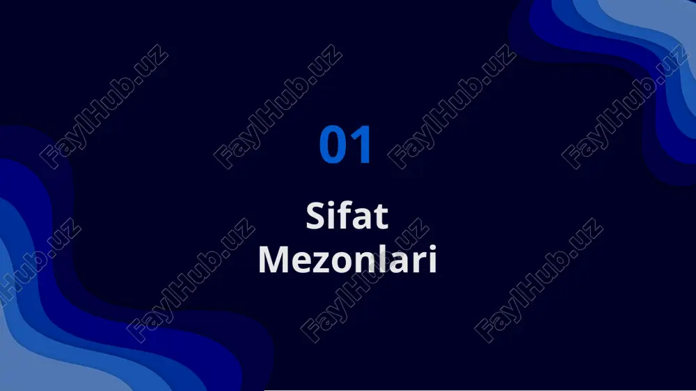 tandartlari, mahsulotlar va xizmatlar xavfsizligini ta'minlash uchun tuzilgan qoidalar va me'yorlardir. ushbu standartlar iste'molchilarning salomatligi va imkoniyatlarini himoya qilish maqsadida ishlab chiqiladi. xavfsizlik va sifatni birga yondashish, sifatni belgilashda muhim hisoblanadi va iste'molchiga ishonch bag'ishlaydi. conclusions in summary, the quality criteria and production standards are vital for ensuring product reliability and customer satisfaction. effective implementation leads to enhanced safety, efficiency, and competitiveness in the market. continuing research and adherence to these standards will further improve quality across industries. image1.jpeg image2.jpeg