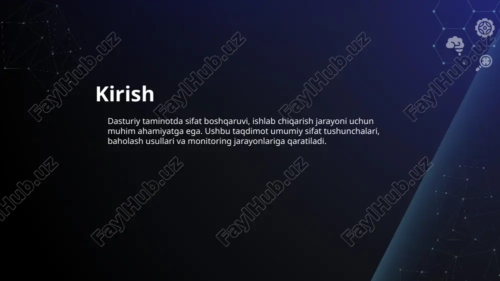 talab va standartlarga muvofiqligini aniqlash uchun ishlatiladi. bu mexanizmlar sifatni baholash, testlar o'tkazish va ma'lumotlarni tahlil qilish jarayonlarini o'z ichiga oladi. maqsad sifatni ta'minlash va uni yaxshilashdir. xulosa sifat boshqaruvi va ishlab chiqarish jarayonlari bir-biriga bog'liqdir. sifatni nazorat qilish, jarayonni rejalashtirish, kamchiliklarni aniqlash, va tasdiqlash mexanizmlari orqali yuqori sifatli mahsulotlarni ishlab chiqish mumkin. ushbu jarayonlar natijasida mijozlarning qoniqishini oshirishga erishiladi. image5.jpeg image6.jpeg image1.jpeg image2.png image3.png image4.png