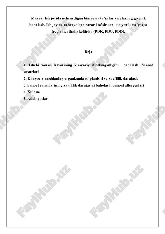 terisi yoki shilliq qavatlar orqali tushishi mumkin. kimyoviy moddalar organizmga tushgandan keyin birinchi navbatda organizmda u yoki bu nisbatda bir xilda tarqaladi, keyinchalik esa ularning qayta taqsimlanishi natijasida moddalar organ yoki to‘qimalarda to‘planishi kuzatiladi. organizmda kimyoviy moddalarning aksariyat qismi oksidlanish, qaytalanish, metillanishjarayonlari tuf’ayli zararsizlanadi. bu jarayonlarning ko‘pchiligi jigar to‘qimasida sodir bo‘lganligi sababli aynan shu organ ko‘proq zararli ta’sirga ducho r bo‘ladi. kimyoviy moddalarning ayrim qismi organizmdan o‘zgarmagan holda chiqarib yuboriladi. kimyoviy moddalarning chiqarilishi yoki metabolik jarayondan hosil bo‘ladigan birikmalarning chiqarilishi ham jigar orqali amalga oshiriladi. ayrimturdagi moddalargina ter bezlari, o‘pka, chiqaruv yo‘llari, so‘lak bezlari orqali chiqarilishi mumkin, ayrim yog‘da eruvchi moddalar ona suti orqali chiqarilib, bola organizmiga kirishi ham mumkin. kimyoviy moddaning tabiati, moddaning dozasi va uning ta’sir etish muddatiga bog‘liq holda organizmda o‘tkir va surunkali zaharlanish holatlarini yoki moddaning spetsifik ta’sir samarasi kelib chiqishi mumkin. zaharlangan holatning yuzaga kelishi bir qator gigienik xarakteristikalarga bog‘liq holda bo‘lishi ham mumkin: moddaning …