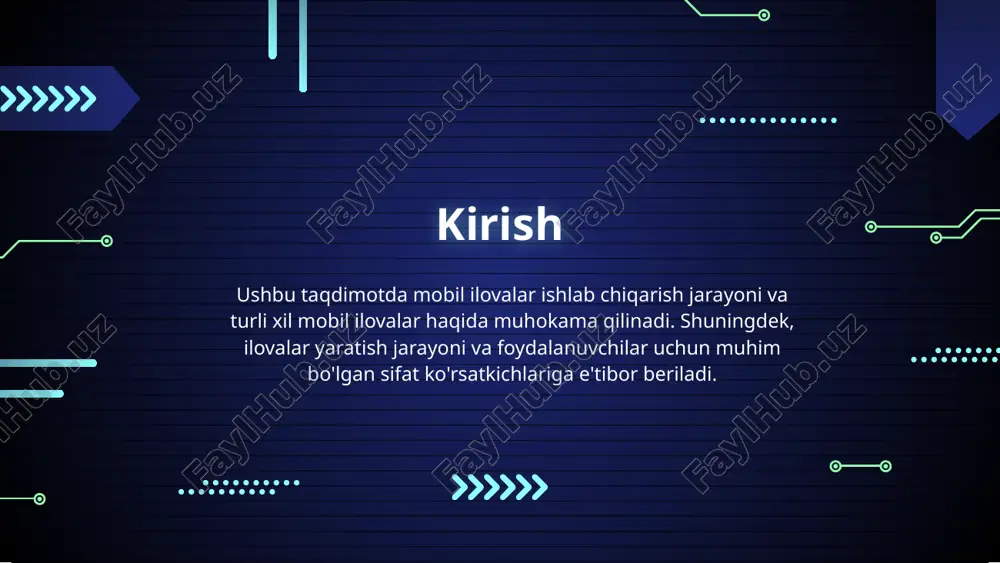 hi ux foydalanuvchi maqsadlariga erishishda qulaylik yaratadi. bu dizayn, navigatsiya, va umumiy interfeys muvozanatiga bog'liq. foydalanuvchilarga oddiy va intuitiv interfeys bilan ishlashni ta'minlash muhimdir. muhandislik sifat standartlari muhandislik sifat standartlari mobil ilova ishlab chiqarishda qo'llaniladigan qoidalar va tartibda amal qilinishi lozim. iso 25010 talablaridan boshlab, dasturiy ta'minotni sifatini baholash uchun bir qator metodologiyalar mavjud. standartlar yordamida foydalanuvchilar uchun ishonchli, xavfsiz va funktsional ilovalar ishlab chiqish mumkin. xulosa mobil ilovalar ishlab chiqarish jarayoni bir qator muhim komponentlardan iborat. ilovalar turlari, sifat ko'rsatkichlari, va dasturlash tillari bu jarayonning ajralmas qismidir. ushbu taqdimotda keltirilgan ishtirokchilar mobil ilovalarni ishlab chiqishda innovatsion fikrlash, sifat standartlarini hamda foydalanuvchi tajribasini yaxshilash zarurligini anglab etgan bo'lsa kerak. image1.png image2.png image3.png