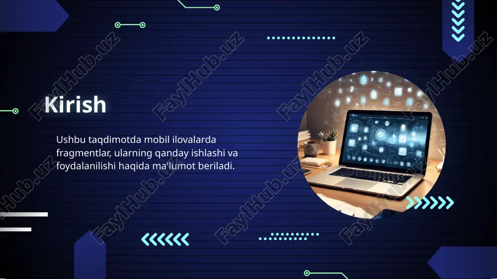 ro'yxat ko'rinishida taqdim etish uchun xizmat qiladi. adapterlar ma'lumotlarni bir nechta holatda ko'rsatish imkoniyatini beradi va foydalanuvchilar uchun interaktiv tajriba hosil qiladi. menyular bilan ishlash mobil ilovadagi menyular foydalanuvchi interfeysining muhim qismi hisoblanadi. menyular foydalanuvchilarga turli funktsiyalar va ma'lumotlarga tez va oson kirish imkonini beradi. ular ko'plab shakllarda taqdim etilishi mumkin, masalan, kontekstual menyular, hantalardagi menyular yoki bar menyular. xulosa fragmentlar bilan ishlash va ularning bog'lanishi, mobil ilovalarni yaratishda muhim o'rin tutadi. animatsiyalar, ro'yxatlar va menyular foydalanuvchi tajribasini oshiradi va ilova samaradorligini yaxshilaydi. image1.png image2.png image3.png image4.png