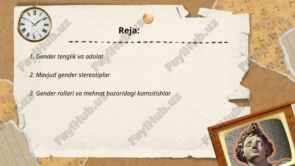 im farqlar mavjud. ayollarning ishchi kuchi ishtiroki erkaklarga qaraganda sezilarli darajada pastroq, ayollar ko'pincha past maoshli yoki noan'anaviy sohaga qaratilgan. maoshdagi gender tafovuti ham mavjud: ayollar ko'pincha erkaklarga nisbatan kamroq haq to'lanadigan ishlarni bajarishadi. ayollarning boshqaruv va rahbarlik lavozimlarida ko'rinishi kamroq, faqat 20% atrofida tashkil etadi. qishloq joylarida ayollar ish topishda va ta'lim olish imkoniyatlarida cheklovlarga duch kelishlari mumkin. bu omillar gender tengsizligini kuchaytiradi va mehnat bozoridagi kamsitishlarni orttiradi. ta'lim darajasi va ijtimoiy ko'mak dasturlari ayollar uchun mehnat bozoridagi teng imkoniyatlarni rivojlantirishda muhim rol o'ynaydi. ... t.me/slaydai_bot o'zbekistonda ayollar va erkaklarning ta'lim olish imkoniyatlari orasidagi tafovut sekin-asta kamaymoqda. 2019-yilda oliy ta'lim muassasalaridagi qabulda qizlarning ulushi 45% ga yetgani kuzatilgan. toshkentdagi oliy o'quv yurtlarida esa ushbu raqam 50% ni tashkil qiladi. ammo, chekka hududlarda gender tafovut hanuz sezilib turadi. umumiy o'rta ta'limda esa qiz va o'g'il bolalar soni deyarli teng, 99% dan ortiq bolalar maktabga qatnaydi. oliy ta'lim sohasida gender tenglikka …