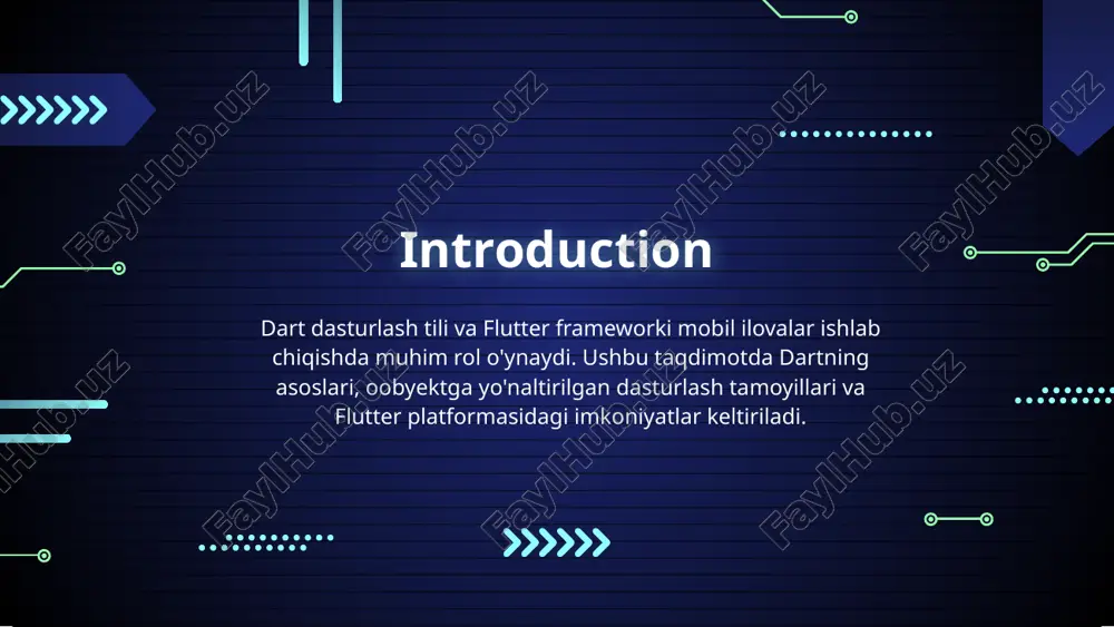ilida yoziladi (asosiy dasturlash tili) widgetlar yordamida ui (interfeys) quriladi material design (android) va cupertino (ios) komponentlari mavjud hot reload — kodingizdagi o‘zgarishni real vaqtda ko‘rish mumkin 02 foydalanuvchi interfeysi flutter platformasi foydalanuvchi interfeysini ishlab chiqishda juda samarali. uning imkoniyatlari asinxon yuklash, moslashuvchan dizayn va o‘zaro aloqadorlik orqali ilovalarni tez va oson rivojlantirishni ta'minlaydi. flutter-da widget asosida yaratilgan interfeyslar juda qulay va foydalanuvchilar uchun estetik ko'rinishda bo'lishi mumkin. android ilovalar flutter yordamida android ilovalari ishlab chiqish jarayoni soddalashtiriladi. bir xil kod bazasidan foydalanib, bir nechta platformalar uchun ilovalar yaratish mumkin. bu ishlab chiquvchilarga vaqtni tejashga va ilovalarini tezda sinovdan o'tkazishga imkon beradi. ios ilovalar flutter ios ilovalarini ishlab chiqish uchun ham mos keladi. bu platforma tomonidan taqdim etilgan dizayn va ko'rinishni saqlab, ilovaning foydalanuvchiga qulayligini oshiradi. flutter yordamida ishlab chiqilgan ilovalar ios ekologiyasida yuqori darajada samarali va iqtisodiy jihatdan foydali bo'ladi. conclusions dart dasturlash tili va flutter frameworki mobil ilova …