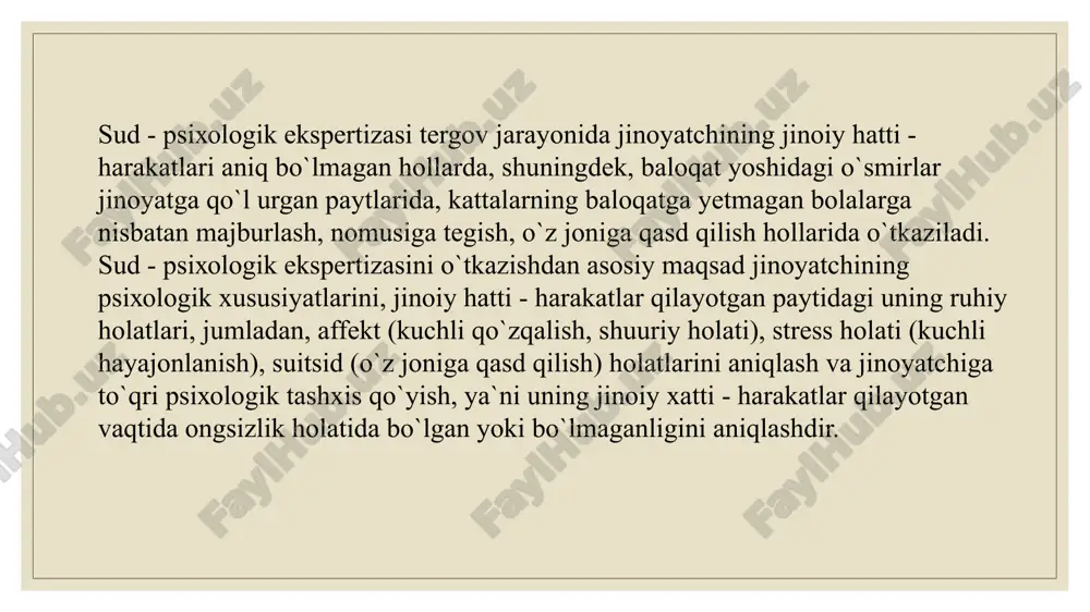 aniqlash uchun;  guvoh yoki jabrlanuvchining ishga aloqador shart-sharoitlarni adekvat idrok qilish hamda to`g`ri ko`rgazma berish qobiliyatlariga shubha tug`ilgan paytlarda, ularning psixik va jismoniy sog`lomligini aniqlash uchun;  ish uchun ahamiyatli bo`lgan, lekin tegishli hujjatlar bo`lmagan xollarda ayblanuvchi, gumondor va jabrlanuvchining necha yoshga kirganini aniqlash uchun. qonunda sud-meditsina, sud-psixiatrik, sud-psixologik yoki kompleks turdagi ekspertizalarni tegishli mutaxassislar- vrach, psixolog, psixiatrlar taklif qilinib, ular ishtirokida o`tkazilishi belgilab qo`yilgan. ko`pchilik xollarda ekspertiza o`tkazish zaruriyati tergovchining ixtiyori bilan hal etiladi. bunga sabab mazkur masalani hal qilish uning vakolatiga kirishidir. sud ekspertizalarini tayinlash va uni o`tkazish chog`ida tergovchi va ekspert o`rtasidagi sub`yektiv, psixologik munosabat ekspertiza natijasiga sezilarli ta`sir ko`rsatadi. shu sababli ularning munosabatlari o`zaro hurmat, hamkorlik va ishonch asosida qurilmog`i lozim. agar davlat ekspertiza muassasasi hududida zarur bo`lgan ekspertizani o`tkazish imkoni bo`lmasa, bunday paytda tergovchining o`zi ana shunday muassasa va ekspertni tanlashda uning saviyasi, xolisligi, ish natijasidan manfaatdor emasligi holatlarini hisobga olishi lozim. sud ekspertizalari …