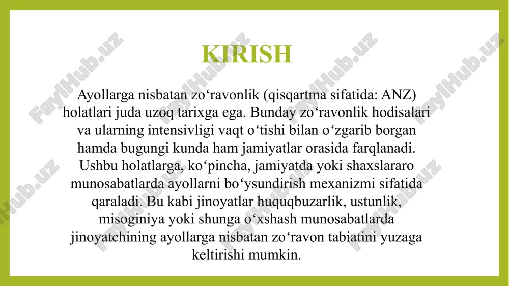 kamasining 5 ta qarori qabul qilindi. ta’rif zo‘ravonlik — xotin-qizlarga nisbatan jismoniy, ruhiy, jinsiy yoki iqtisodiy ta’sir o‘tkazish yoki bunday ta’sir o‘tkazish choralarini qo‘llash bilan tahdid qilish orqali ularning hayoti, sog‘lig‘i, jinsiy daxlsizligi, sha’ni, qadr-qimmati va qonun bilan himoya qilinadigan boshqa huquqlari hamda erkinliklariga tajovuz qiladigan g‘ayrihuquqiy harakat (harakatsizlik); ta’rif •tazyiq — sodir etilganligi uchun ma’muriy yoki jinoiy javobgarlik nazarda tutilmagan, xotin- qizlarning sha’ni va qadr- qimmatini kamsitadigan harakat (harakatsizlik), shilqimlik; zo’ravonlik turlari jinsiy zo‘ravonlik jismoniy zo‘ravonlik ruhiy zo‘ravonlik — iqtisodiy zo‘ravonlik — jinsiy zo‘ravonlik xotin-qizlarga nisbatan ularning roziligisiz shahvoniy xususiyatga ega harakatlarni sodir etish orqali jinsiy daxlsizlikka va jinsiy erkinlikka tajovuz qiladigan zo‘ravonlik shakli, shuningdek zo‘rlik ishlatish yoki zo‘rlik ishlatish bilan tahdid qilish yoxud ayol jinsidagi voyaga yetmagan shaxslarga nisbatan axloqsiz harakatlar sodir etish orqali uchinchi shaxs bilan jinsiy aloqa qilishga majburlash; jismoniy zo‘ravonlik xotin-qizlarga nisbatan og‘irligi turli darajada bo‘lgan tan jarohatlari yetkazish, xavf ostida qoldirish, hayoti xavf ostida …