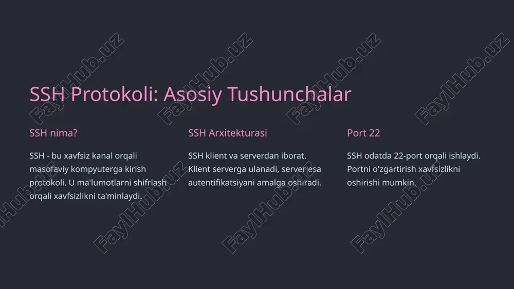 passwordauthentication passwordauthentication ni o'chirish orqali parol orqali kirishni cheklash mumkin (passwordauthentication no). pubkeyauthentication kalit orqali autentifikatsiyani yoqish orqali xavfsizlikni oshirish mumkin (pubkeyauthentication yes). 6 foydalanuvchilar uchun maxsus ruxsatlar 1 allowusers allowusers direktivasi orqali faqat ma'lum foydalanuvchilarga ruxsat berish mumkin. 2 denyusers denyusers direktivasi orqali ma'lum foydalanuvchilarga ruxsatni rad etish mumkin. 3 guruhlar guruhlar uchun ruxsatlarni sozlash uchun allowgroups va denygroups direktivalaridan foydalanish mumkin. misol: allowusers user1 user2@192.168.1.10. 7 ssh konfiguratsiya faylini optimallashtirish idle session timeout clientaliveinterval va clientalivecountmax orqali idle session timeout ni sozlash mumkin. tcp forwarding allowtcpforwarding no orqali tcp forwardingni cheklash mumkin. x11 forwarding x11forwarding no orqali x11 forwardingni cheklash mumkin. 8 ssh xavfsizligini monitoring qilish va tekshirish 1 loglarni tahlil qilish 2 xavfsizlik vositalari 3 yangilanishlar ssh loglarini tahlil qilish (/var/log/auth.log) orqali xavfsizlikni tekshirish mumkin. fail2ban, sshguard kabi xavfsizlik vositalaridan foydalanish mumkin. muntazam ravishda yangilanishlarni o'rnatish muhim (apt update && apt upgrade). 9 xulosa ruxsatlarni sozlash linux …