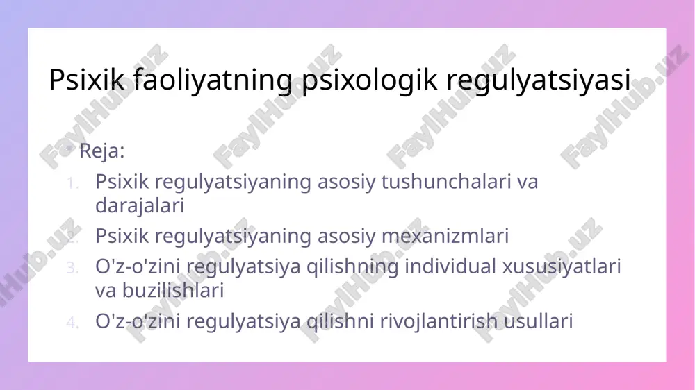 avishda boshqarish, tartibga solish va muvofiqlashtirish qobiliyatidir. bu jarayon insonning ichki va tashqi muhit talablariga muvaffaqiyatli moslashuvi, maqsadlariga erishishi va psixologik farovonligini saqlab turishi uchun hayotiy zarurdir. quyidagi asosiy jihatlar psixik regulyatsiyaning mohiyatini tashkil etadi: ichki jarayonlarni boshqarish xatti-harakatlarni yo'naltirish va nazorat qilish muvofiqlashtirish moslashuvchanlik maqsadga yo'naltirilganlik psixik regulyatsiyaning darajalari: ongsiz regulyatsiya (avtomatik jarayonlar, instinktlar, odatlar). * ongli regulyatsiya (maqsad qo'yish, rejalashtirish, nazorat qilish, baholash). psixik regulyatsiyaning asosiy mexanizmlari (1): maqsad qo'yish: * maqsadning psixik faoliyatni yo'naltiruvchi roli. * smart maqsadlari tushunchasi. * maqsadlarning turlari (yaqin, uzoq, real, ideal). psixik regulyatsiyaning asosiy mexanizmlari (2): rejalashtirish: * maqsadga erishish uchun harakatlar ketma-ketligini tuzish. * rejalashtirishning ahamiyati (vaqtni boshqarish, resurslarni taqsimlash). * rejalashtirish strategiyalari. psixik regulyatsiyaning asosiy mexanizmlari (3): nazorat qilish: * amalga oshirilayotgan harakatlarni maqsad va reja bilan solishtirish. * ichki va tashqi nazorat turlari. * nazoratning samaradorligi. psixik regulyatsiyaning asosiy mexanizmlari (4): baholash: * erishilgan natijalarni maqsadga muvofiqligini tahlil qilish. …
