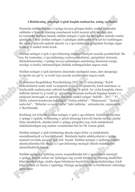 kamolligini alohida inobatgaolishni taqozo etadi. sinfdan tashqari o‘qish darslarini shunchaki mashgulot emas, dars darajasiga ko‘tarish uni qat’iy va izchil reja asosida uyushtirishni taqozo etadi. o`zbеkiston rеspublikasi prеzidеntining 2017 yil 13 sеntyabrdagi “kitob mahsulotlarini nashr etish va tarqatish tizimini rivojlantirish, kitob mutolaasi va kitobxonlik madaniyatini oshirish hamda targ`ib qilish bo`yicha komplеks chora-tadbirlar dasturi to`g`risida”gi qarorining mazmun-mohiyati bugungi kunda o`z natijasini bеrmoqda va qarorlari doirasida tashkil etilgan “infolib – 2017 ” vi milliy axborot-kutubxona haftaligida “ochiq eshiklar”, “mutaxassis”, “ijod va tanlovlar”, “bilimlar va xorijiy tillar” kabi tadbirlar, uchrashuvlar, anjumanlar o`tkazilmoqda. boshlang`ich ta'limda sinfdan tashqari o`qish o`quvchilarni bolalar adabiyotini o`qishga o`rgatish, bolalarning o`qitish doirasiga kiruvchi barcha turdagi janrlar bilan tanishtirish, ulardan kitob o`qishga qiziqishni uyg`otish malakalarini shakllantiradigan eng muhim vositalaridan biri bo`lib xizmat qiladi. sinfdan tashqari o`qish bolalarning darsda olgan bilim va malakalarini mustahkamlaydi va boyitib boradi. bolalarda badiiy adabiyotlarini o`qishga muttasil ravishda qiziqish uyg`otib boradi. sinfdan tashqari o`qishning muhim ahamiyatlaridan biri shuki, …