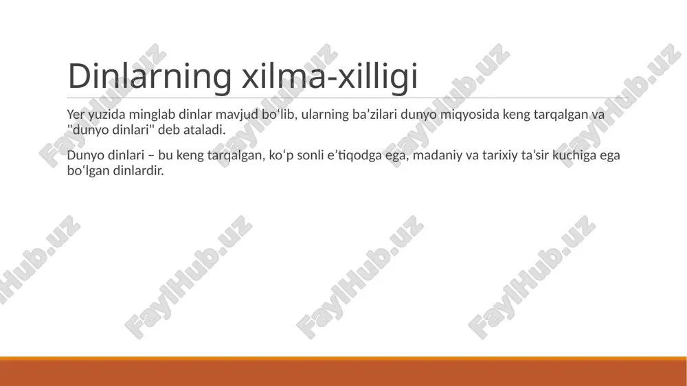 vojida muhim o‘rin tutadi. turli dinlar o‘ziga xos bo‘lsa-da, ularning barchasi insoniyatni ezgulikka, axloqiy poklikka va tinch-totuv hayotga chorlaydi. bugungi kunda turli dinlarga mansub insonlar o‘zaro hurmat va bag‘rikenglik asosida yashashi insoniyat taraqqiyoti uchun muhimdir. /docprops/thumbnail.jpeg