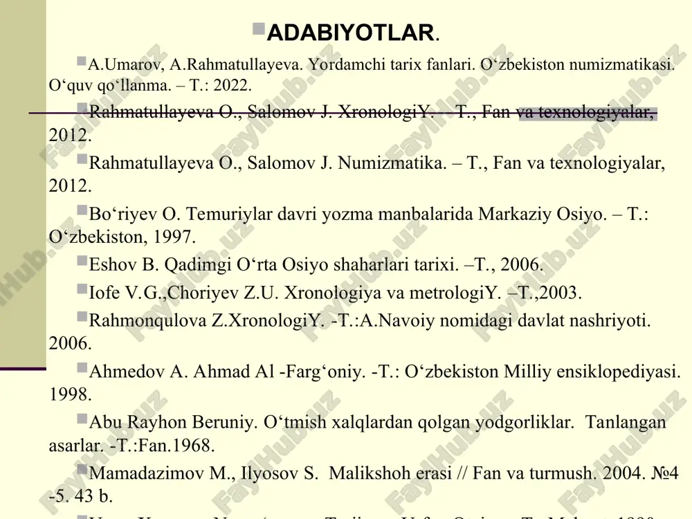 tika, metrologiya, paleografiya, toponimika, tarixiy geografiya, sfragistika, geneologiya kabi fanlarini chuqur bilishi zarur. ushbu sohalar alohida o‘z ilmiy yo‘nalishiga ega bo‘lib, bir-biri bilan uzviy bog‘langan va manbashunoslikni tashkil etadi va tarixni chuqur o‘rganishga qaratilgan. mazkur fanlarni an’anaviy tarzda “yordamchi tarix fanlari” deb ataymiz. yordamchi tarix fanlariga nisbatan “maxsus tarixiy fanlar” iborasi ham qo‘llaniladi. yordamchi tarix fanlari tarix fanini o'rganishda yordamchi manbalar hisoblanadi. bu fan tarix fanining yordamchi sohalari bo'lmish; poleografiya, diplomatika, genalogiya geroldika, sfragnetika, epigrafika, numizmatika, metrologiya va xronologiya buyruqlariga tayanadi. xronologiya, numizmatika, metrologiya, paleografiya, tarixiy geografiya, tarixiy metrologiya, sfragistika, geneologiya toponimika. xronologiya (yunon. yunon. xronos - vaqt, logos - tushuncha bilim ; vaqt haqida tushuncha) qadimiy xalqlar va mamlakatlarda amalda bo'lgan yil hisobi va taqvim (kalendarlar) ni o'rganuvchi soha. numizmatika (yunon. numizma - pul) qadimiy pullarning kelib chiqishi, tarixi, material turi, shakli, vazni, yozuvlari va zarb etilgan joyi, vaqtini o'rganadi. paleografiya (yunon. paleo - qadimiy, grafo - yozaman: qadimiy …