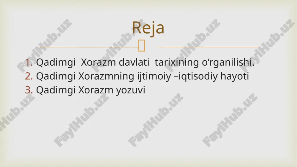 dshohligining tanazzulga yuz tutish davri bo‘ldi. yuechjilar baqtriyani qo‘lga kiritgandan so‘ng shoh geliokl paropamisadda yoki araxosiyada hokimiyatni saqlab qolgan. miloddan avvalgi iii asrning oxiri – ii asrning birinchi yarmi davlatning eng rivojlangan davri hisoblanadi. miloddan avvalgi ii asr o‘rtalaridan boshlab ichki nizolar kuchayib, inqiroz davri boshlandi. yunon-baqtriya podsholigi miloddan avvalgi 140-135 yillarda o‘rta osiyo xalqlarining ozodlik harakati va ko‘chmanchi sak (oq xunlar), yuechji (toxar) qabilalarining hujumi natijasida butunlay tugatildi.  qadimgi xorazm to‘g‘risidagi ma’lumotlar avestoda, behustun, persopol yodgorliklarida, qadimgi yunon avtorlaridan-geradot, arrian, kvinsiy ruf asarlarida saqlanib qolgan.  qadimgi xorazm davlati tarixini arxeologik jihatdan o‘rganish xx asrning 30 yillaridan boshlangan. xorazm tarixini o‘rganishda s.p.tolstov, m.g.vorob`va, b.andrianov, o.vishnevskayalar katta hissa qo‘shganlar. bugungi kunda esa, v.yagodin, m.mambetullaev, g‘.xodjaniyozov,s.bolelov, s.baratovlarning xizmatlari katta bo‘lmoqda.  qadimgi xorazm tarixining bilimdoni s.p. tolstov o‘zining asarlarida massaget qabilalari ittifoqini, ular­ning saksafar, omarg va to‘maris kabi vakillari to‘g‘risida fikr yuritib o‘tadi. s.p.tolstov to‘marisni derbiklar malikasi, omargni esa saklarning …
