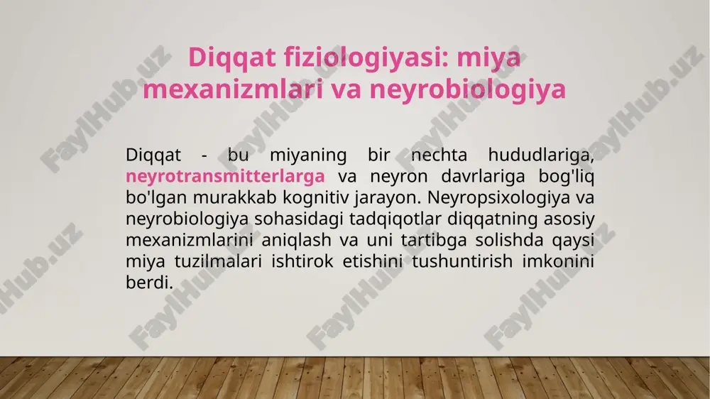 masa, odam uyquchanlik va tartibsizlikni boshdan kechiradi. 🔵 talamus - ma'lumotni "almashtirish" miya po'stlog'iga sezgir signallarni uzatadi. diqqatning selektivligiga ta'sir qiladi - bir stimulga e'tibor qaratishga va boshqalarga e'tibor bermaslikka imkon beradi. 📌 misol: talamus buzilganda, odamlar e'tiborsizlikka duch kelishi mumkin - kutilmagan narsalarni sezmasligi mumkin. 🔵 cingulate girus - "kontsentratsiyani tartibga soluvchi" keraksiz ogohlantirishlarni bostirish va his-tuyg'ularni nazorat qilishda ishtirok etadi. doimiy e'tibor uchun muhim. 📌 misol: anksiyete buzilishi bo'lgan odamlarda singulat korteksining haddan tashqari faolligi ularning diqqatni jamlashga xalaqit beradigan salbiy fikrlarga qaratishiga olib keladi. 🔵 parietal korteks - "fazal e'tibor" kosmosda orientatsiyani ta'minlaydi va atrofdagi narsalarni sezishga yordam beradi. vizual e'tiborda ishtirok etadi va ko'z harakatini nazorat qiladi. 📌 misol: o'ng parietal lobning shikastlanishi beparvolik sindromiga olib kelishi mumkin - odam bir tomondan (odatda chap tomonda) narsalarni sezishni to'xtatadi. diqqatning neyrotransmitterlari 🔥 dopamin - "motivatsiya va diqqat markazida" ixtiyoriy e'tibor va ko'p vazifa uchun muhim. dopamin etishmovchiligi …