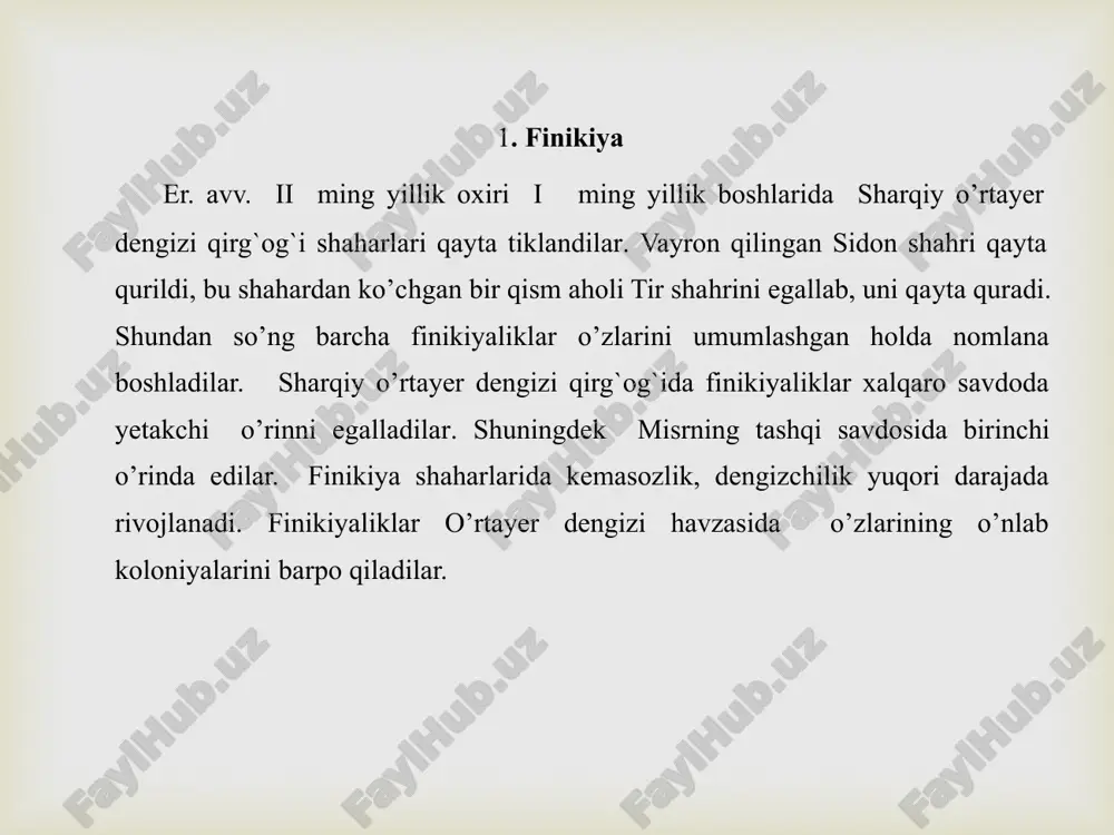 an tizim bo’lib yunonlar tomonidanqabul qilinib, keyinchalik barcha zamonaviy alfavitlarga asos bo’ldi. sharqiy o’rtayer dengizi xudolar panteoni tabiat kuchlarini aks ettiradi. har bir shaharni o’z homiy ma’budi bor edi: bal (hokim) yoki el (xudo), ba’zida melek (“podsho”, boshqacha aytilishi molox), tir shahrida mel’kart (“shahar podshosi”), ayol ma’buda astarta (mesopotamiyada ishtar).falastinda er. avv. viii-vi asrlarda monoteistik ta’limot keng tarqaldi. ugarit va ebla shaharlarida hashamatli me'morchilik inshootlari saroylari bunyod qilingan. dengizchilik kemasozlik sohalari yuksak darajaga ko`tariladi. yog`och va toshdan podsho va ma'budalar haykallari yasalgan. er. avv. 600-yillar atrofida firavn nexo buyrugi bilan finikiyaliklarni dengizchilik tarixida ilk bor gibraltarorqali atalantika okeaniga chiqib, afrikani aylanib o’tishlari buyuk kashfiyot edi. finikiyaliklar mohir kemasoz bo’lganlar. ularning kemalaridan misrliklar va boshqa old osiyo xalqlari keng foydalandilar. (misr arab respublikasi, mar) poytaxt:qohira rasmiy til(lar): arab tili hukumat: prezidentlik respublika prezident: muhammad husayn tantaviy mustaqillik: 28-fevral 1922 maydon: 1 001 450 km² (29-) aholisi: 77 505 756 (15- oʻrin) …