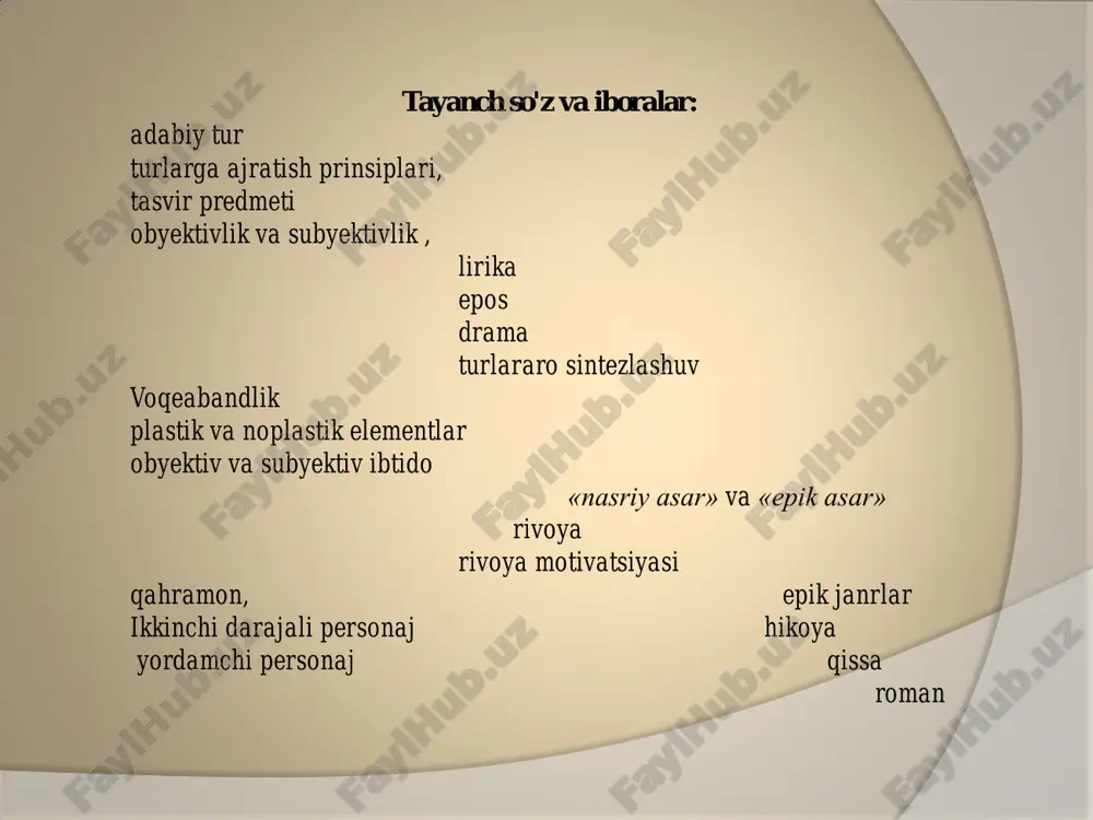 umkin; epik poeziya va boshqa ko‗p turlarda – bu ikki usul qorishiq keladi … antik faylasuflar adabiy turlar haqida aristotel: … bir xil narsani bir xil vosita bilan tasvirlagan holda yo avtor voqealarga aralashmay hikoya qilishi yoki o‗zini xuddi gomerday tutishi mumkin. yoki butun hikoya davomida avtor o‗zligicha qolishi yoxud barcha aks ettiriluvchi shaxslarni gavdalantirishi mumkin. «poetika» 1508-yilda jorjo valla tomonidan avval lotin, so‗ng yunon tilida nashr ettirildi. 1549-yilda esa uning italyan tilidagi tarjimasi nashr etildi. turlar quyidagi tartibda tasniflanadi. birinchisi oddiy rivoyadir. lukretsiyning poemasi shunday. bu turni yunonlar diegetikon, exgematikon, apodiegematikon degan nomlar bilan atashadi. ikkinchisi komediyalarda bo‗lgani kabi suhbatlarda ifodalanadi, yunonlar uni to‗la asos bilan dialogetikon deb ataganlar … qorishiq tur esa shundayki, unda shoir ham hikoya qiladi, ham unga dialoglar kiritadi. yuliy syezar skaliger lirika epos drama turlararo shakllar turdan tashqari shakllar liro-epik epik drama lirio-dramatik ocherk esse “ong oqimi” universal shakllar utopiya satira safarnoma mazmun tipi …