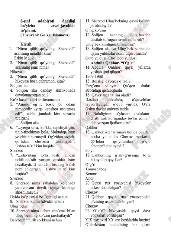 b chiqqanligini aytadi? 30 yil 19. qahhorning g’am-g’ussaga to’la hikoyalari qaysilar? o’g’ri tomoshabog’ bemor anor 20. qaysi rus yozuvchisi hikoyalar ustasi deb atalgan? chexov 21. qahhor qaysi rus yozuvchisini o’zining ustozi deb bilgan? chexov 22. “o’g’ri” hikoyasida qaysi davr voqealari yoritilgan? xix asr oxiri xx asr boshlarida hozirgi o’zbekiston hududining bir qismi g o‘ za l i slo m ov a turkiston deb atalgan va rossiya imperiyasitarkibiga kirgan davr 23. oqposhsho kim? rossiya imperiyasi hukmdorini xalqimiz shunday atagan 24. ellikboshi kim? mahalla yoki ovul rahbari 25. mingboshi kim? tuman yoki daha hokimi 26. amin kim? bir necha qishloqni boshqargan amaldor 27. pristav kim? politsiya boshlig’i 28. tilmoch kim? tarjimon 29. “o’g’ri” hikoyasiga qanday epigraf qo’yilgan? otning o’limi – itning bayrami 30. xatga tushadi iborasining ma’nosi nima? tortib olinadigan narsalar ro’yxatiga qo’shiladi 31. kampir tong qorong’usida nima maqsadda turgan edi? xamir qilgani 32. og’ilxona qaysi tomondan teshilgan edi? ko’cha tomondan 33. …