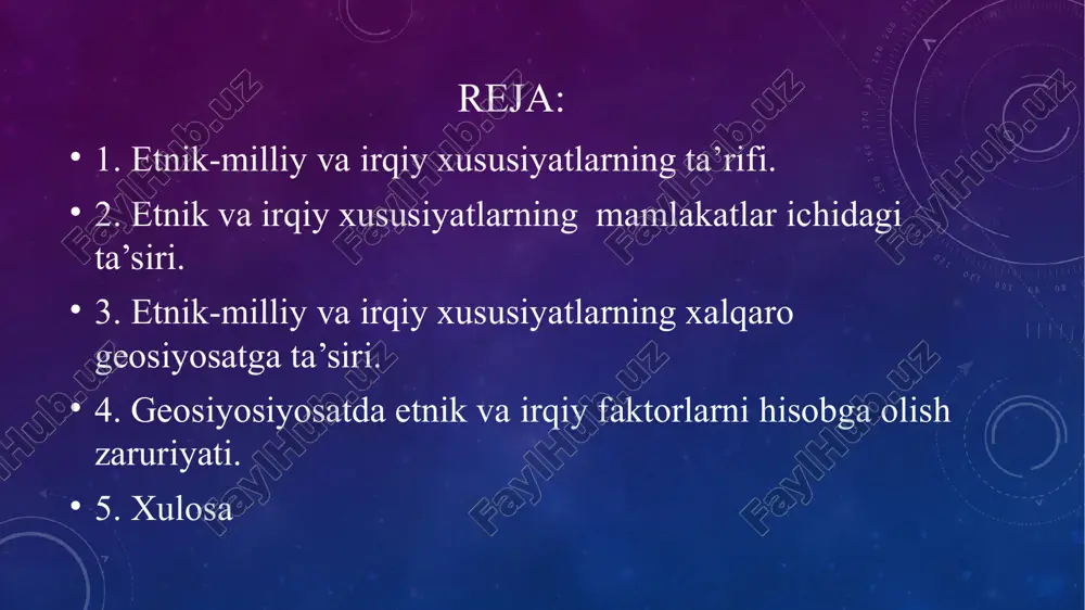 iy tafovutlar tashqi ko'rinish (terining rangi, yuz tuzilishi, soch turi va h.k.) orqali ko'rsatiladi. irqiy ajratish ba'zi mamlakatlarda diskriminatsiyaga sabab bo'lishi mumkin. irqiy ziddiyatlar, masalan, amerika qo'shma shtatlarida qora tanli va oq tanli odamlar o'rtasida tarixiy ijtimoiy ajratishlar kabi, ko'plab jamiyatlarda ko'rinadi. 2-reja bayoni: milliy birlik: milliy birlik, turli etnik guruhlarning bir mamlakatda birgalikda yashashiga asoslanadi. agar davlatning siyosati barcha etnik guruhlarga teng huquqlar va imkoniyatlar yaratishga qaratilgan bo'lsa, bu milliy birlikni mustahkamlaydi. etnik guruhlar o'rtasidagi munosabatlar: mamlakatlar ichidagi etnik guruhlar o'rtasidagi munosabatlar, ko'pincha, jamiyatda tartibni ta'minlashda yoki norozilikni kuchaytirishda muhim rol o'ynaydi. agar etnik guruhlar o'rtasida to'qnashuvlar yoki diskriminatsiya mavjud bo'lsa, bu ijtimoiy barqarorlikka zarar yetkazishi mumkin. masalan, ruanda va yugoslaviya tarixidagi etnik nizolar. ijtimoiy barqarorlik va milliy birlik: milliy birlik va ijtimoiy barqarorlik etnik va irqiy diversifikatsiyani boshqarish orqali amalga oshiriladi. boshqarilgan va inklyuziv siyosat jamiyatni barqarorlashtirishga yordam beradi, aksincha, ajratish va segregatsiya faqat ziddiyatni kuchaytiradi. 3-reja bayoni: …