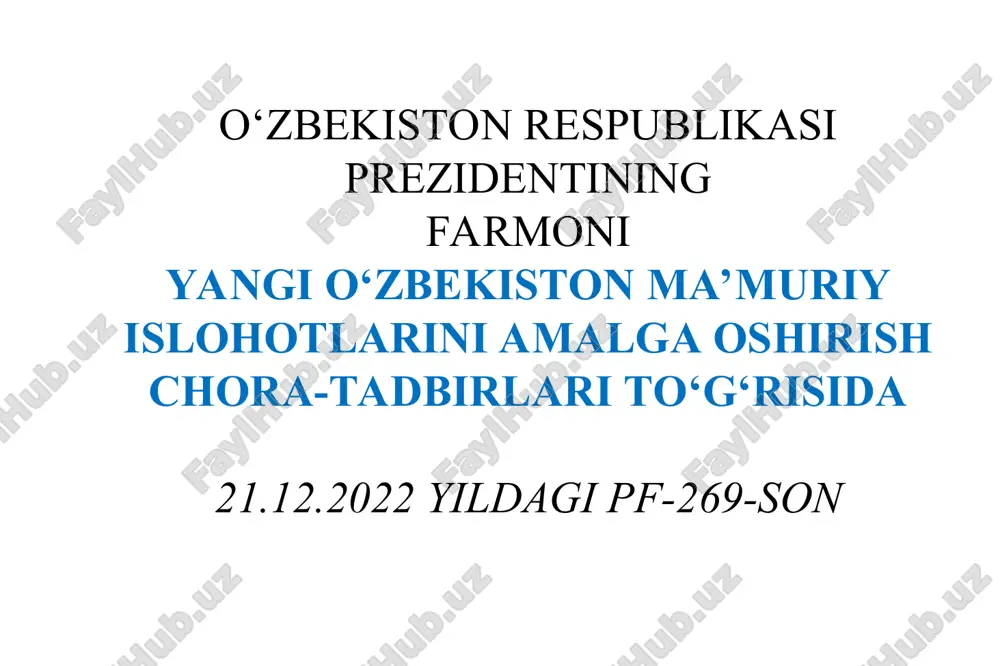 vobgar hisoblanadi; tizimdagi kadrlar siyosatining vazirlar mahkamasi apparatidan mustaqil ravishda davlat xizmati to‘g‘risidagi qonunchilikka muvofiq yuritilishini ta’minlaydi. hukumat a’zosi bo‘lgan ijro etuvchi hokimiyat organi rahbari 2. vazirlar mahkamasi ijro etuvchi tuzilmasida iqtisodiyot va ijtimoiy sohalar bo‘yicha kotibiyatlar, departamentlar ular huzuridagi bo‘limlar, shuningdek, madaniy merosni himoya qilish inspeksiyasi, harbiylashtirilgan tuzilmalar faoliyatini moliyaviy va moddiy-texnik ta’minlash bo‘limi, mahalla va nuroniylarni qo‘llab-quvvatlash masalalari bo‘limi tugatilsin. 3. vazirlar mahkamasi ijro etuvchi tuzilmasida: bosh vazirning 4 nafargacha o‘rinbosarlari lavozimi; hukumat rahbari faoliyatini huquqiy, tashkiliy-texnik, axborot-tahliliy va protokol jihatdan ta’minlaydigan bosh vazir kotibiyati tashkil qilinsin. 5. normativ-huquqiy hujjatlar loyihalari hamda hukumat vakolatlariga oid boshqa dolzarb masalalarni vazirlar mahkamasiga kiritish, ko‘rib chiqish va axborot berishning quyidagi tartibi joriy qilinsin: a) normativ-huquqiy hujjatlar loyihalari va masalalar hukumatga bevosita vazirlar va boshqa mustaqil ijro etuvchi hokimiyat organlari rahbarlari tomonidan belgilangan tartibda kiritiladi. bunda, davlat ishtirokidagi tashkilotlar va xo‘jalik birlashmalari tomonidan normativ-huquqiy hujjatlar loyihalari va boshqa masalalar tegishli sohada davlat …