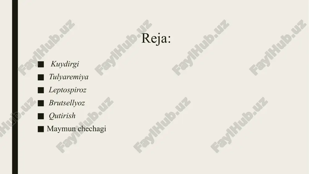 ing tana harorati 39-41 daraja va undan ham yuqori bo'lishi mumkin.umumiy intoksikatsiya belgilari kuzatiladi: tanada og`riq, qaltirash, yurak-tomir faoliyatining kuchsizlanishi. tibbiy yordam 1.kuydirgi kasalligiga gumon qilingan bemor tez yordam chaqirilib, zudlik bilan yuqumli kasalliklar shifoxonasiga yuborilishi kerak. 2.bemor shifoxonaga yuborilgunicha quyidagi birinchi tibbiy yordam ko`rsatilishi mumkin: - analgin, demidrol, novokain muskul orasiga; - bemor badaniga spirt yoki aroq surtish; - yurak faoliyatini yaxshilash uchun kordiamin, kamfora, kofein (bittasi) -1-2 ml teri ostiga; - kuydirgi mikrobiga qarshi maxsus gammoglobullin – 1 ampula muskul orasiga; - bemorni parvarish qiluvchilar og`iz-burniga maska va maxsus himoya kiyimlarida bo`lishlari kerak. tulyaremiya. limfa tugunlari, o'pka, ichak to'qimasining yallig`lanishi, umumiy intoksikatsiyasi bilan kechadigan og'ir yuqumli kasallik. sababi. kasallikni tulyaremiya tayoqchasi deb ataluvchi mikrob qo'zg'atadi. kemiruvchilar (kalamush, sichqon) infeksiya manbai hisoblanadi. ularning chiqindisi bilan zararlangan suv manbalari, don mahsulotlari va boshqa oziq-ovqatlar orqali mikroblar odamga yuqadi.kemiruvchilardan mikroblar chivin va kanalar orqali ham odamga yuqishi mumkin. belgilari tulyaremiyaning to'rtta …