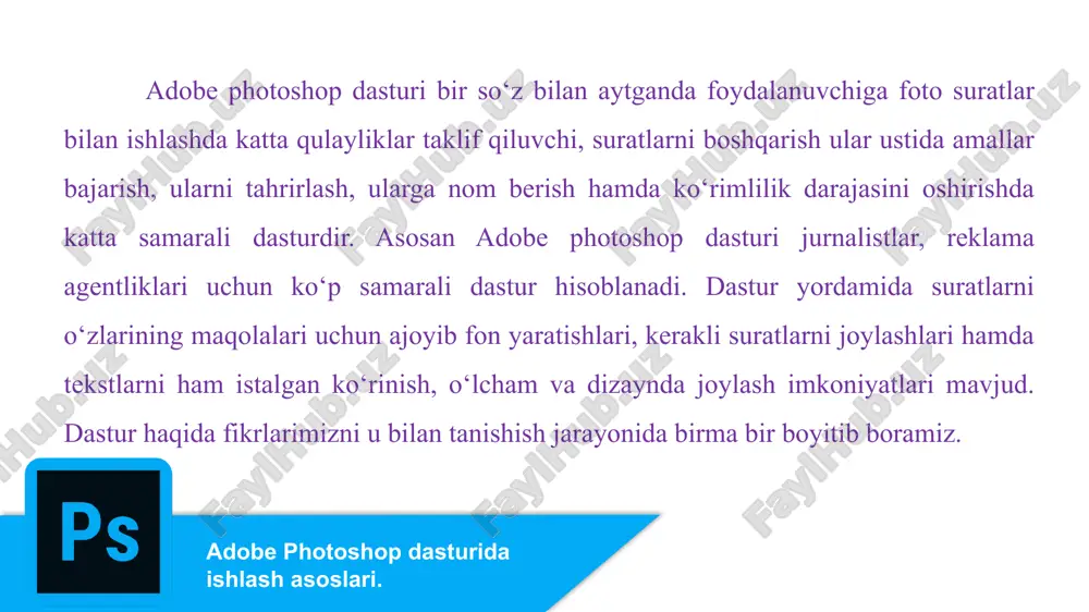 awal ekranda ko‘rish imkonini beradi. buning uchun menyular satrida изображение menyusi tarkibidagi размер изображения buyrug‘ini tanlanadi. ammo tasvirning ekrandagi ko‘rinishi bilan chop etilgandagi o‘lchamlari hamma vaqt ham aynan mos tushavermaydi. tasvir kattaliklari 0,2% dan 16 000%gacha miqdor o‘rtasidagi sonlar bilan belgilanadi. navigator darchasi bilan ishlash adobe photoshop dasturida ishlash asoslari. tasvir formatlari - adobe photoshop dasturi 20 dan ortiq formatdagi fayllar bilan ishlash imkoniga ega. eng ko‘p qo‘llaniladigan formatlar: adobe photoshop dasturini o‘rgatuvchi videodarslarni camtasia studio dasturida yaratish texnologiyasi adobe photoshop dasturini o‘rgatuvchi videodarslarni camtasiastudio dasturida yaratish texnologiyasi uning interfeysining soddaligi, ishlash jarayoni ommaviyligi, dasturning kerakli qismlarga ajratilganligi hamda video darslarni tasvirga olingandan so‘ng qayta tahrir qilish hususiyatlari mavjudligi sabab biz camtasistudi dasturini tanladik. camtasiastudio dasturining 2020 yilgi versiyasidan foydalanamiz o‘rgatuvchi video darslarni tayyorlashni boshlashdan avval eng maq’ul dasturiy ta’minotni tanlab olishimiz lozim. biz yuqoridagi video darslarga moshlashgan dasturlar orasidan camtasia studio dasturini afzal ko‘rdik. dasturni ishga tushiramiz va record …