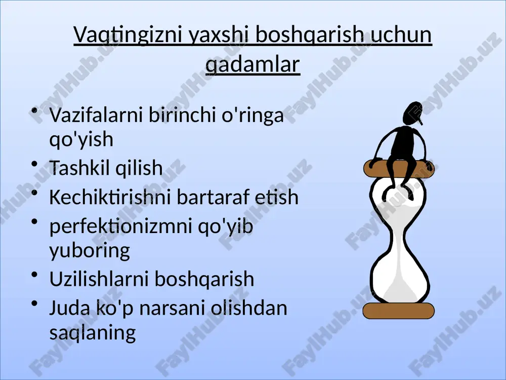 ni olish (semestr, ish staji, dam olish kunlari) jadvalingizni biling (haftalik taqvim) turli vazifalarni bajarish uchun qancha vaqt ketishini aniqlash (hisob-kitoblaringizni ikki barobar ko'paytirish) balanslangan jadvalni rejalashtirish (belgilangan va moslashuvchan vazifalar) g'alati soatlarni va kichik vaqtni aniqlang - ulardan qanday foydalanishni rejalashtiring muhimlik uchun rejalashtirish vaqti yangilanish uchun dam olish kunlari va vaqtni rejalashtirish bularning barchasini biror joyga kiriting (qog'oz, ko'rinish, telefon ilovasi) kechiktirishni bartaraf etish siz kechiktirayotganingizni tan oling kechiktirishingizni baholash va diagnostika qilish: masalan, sabablar, vazifaning qaysi qismlari, kechiktirilishiga qarshi choralar ko'rish: bajaradigan ishlar ro'yxatidan foydalanish katta vazifalarni kichik qismlarga ajratish ko'pincha to'xtatib qo'yishingiz mumkin bo'lgan ishlarni bajarish uchun aniq vaqtlarni rejalashtiring sabablarni bartaraf etish (masalan, vazifa yoqmaydi, boshlash qiyin, muvaffaqiyatsizlikdan qo'rqish) boshlash va tugatish uchun o'zingizni mukofotlang ko'proq kechiktirish busting maslahatlari toʻgʻri muhitni yaratish vazifani oʻrnatish belgilangan muddatlarni qo'ying avval qiziqarli narsalarni qiling biror joydan boshlang, istalgan joydan boshlang multitaskingdan ehtiyot bo'ling hamma narsani mukammal qila olmasligingizni …