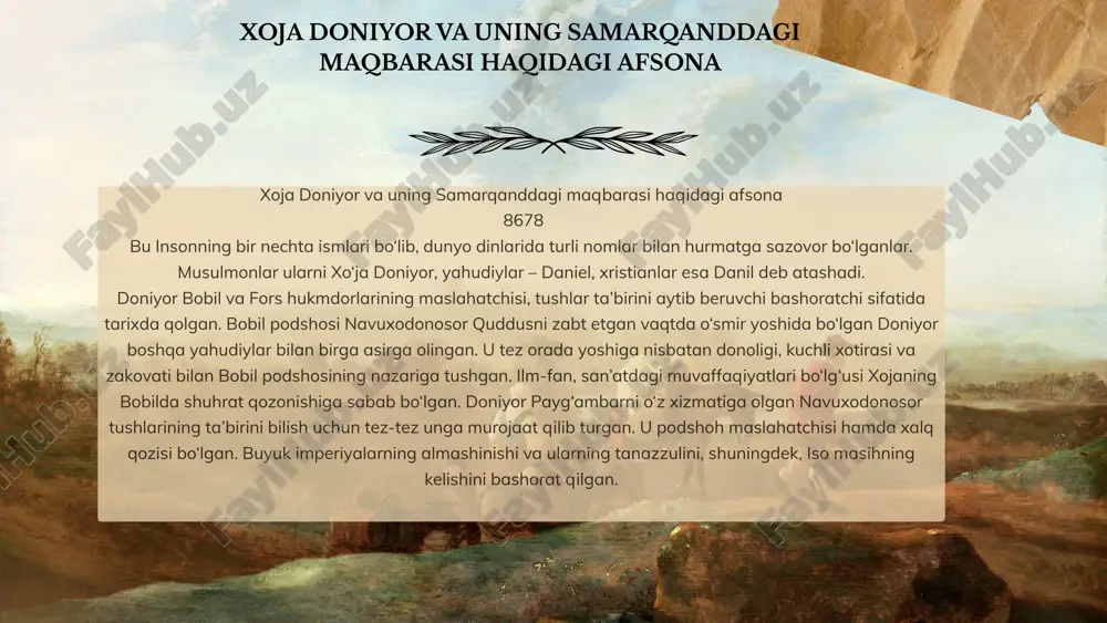 may ichishdan, goʻshtli ovqatlardan voz kechib faqat sabzavotlarni isteʼmol qilgan holda diniy qoidalarga rioya qilgan. shuning uchun uning donishmandligi, dinga taqvodorligi injilda talqin etilishicha, ollohning mukofoti deb bayon etiladi. shoh novoxudonosorning tushi taʼbirini donishmandlik bilan izohlab bergani uchun uni katta ehsonlar bilan siylaydi va oʻzining yaqin kishilari qatoriga qoʻshadi. xoja doniyor maqbarasi xoja doniyor maqbarasi — samarqanddagi meʼmoriyyodgorlik (20-asr boshlarida qurilgan). afrosiyobqoʻrgʻonining kunchiqar tomonida, siyob arigʻi yoqasida. avliyo xoja doniyor qabri ustida qurilgan. choʻziq (15 m ga yaqin) toʻrtburchaktarhli, peshtoq, besh gumbazli xonadan iborat. peshtogʻi (shim. tomonda) hamda uning ikki yonidagi qubbali, koʻzasimonkursiliguldastalariganch oʻymakorligi bilan bezatilgan, yon tomonlariga ham ravoqlar ishlangan. maqbara ichida choʻzinchoq daxma bor. maqbara yaqinidagi buloqaholi orasida tabarruk hisoblanadi. abu tohirxojaning "samariya" asarida yozilishicha, xoja doniyor (doniyol) kusam ibn abbosning safdoshlaridan boʻlgan. xoja doniyor maqbarasi ro‘yi zamin sayqali samarqandda juda ko‘p tarixiy maskanlar bo‘lib ular orasida xoja doniyor maqbarasi o‘z xususiyati bilan ajralib turadi. bu tarixiy maskan …