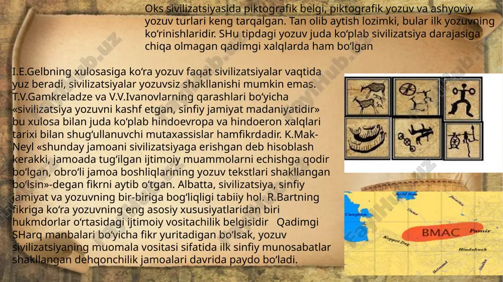 (uzunligi 3 sm, eni 1,7 sm), qilich (uzunligi 1,5 sm, eni 1,7 sm) shaklli uchta bronzadan ishlangan miniatyura shaklidagi predmet va bosh kiyim shaklli kumushdan yasalgan predmetlar majmuasi topilgan. n.a.avanesova tomonidan bo‘ston 6 qabristonidan loydan yasalgan, tashqi tarafidan qizil oxra bilan bo‘yalgan, silindr shaklli idish va uning konik shaklli qopqog‘i topilgan bo‘lib, idish devoriga ikkita teshikcha o‘rnatilgan. mana shu idishning ichidan loydan yasalgan 3 dona silindr shaklli predmet, loydan yasalgan mitti idish, loydan yasalgan zoomorf yuzli odam haykali, doira shaklli altarning topilishi ashyoviy yozuvning rivojlangan shakli mavjud bo‘lganligini tasdiqlaydi. jarqo‘ton yodgorligida 3000 ga yaqin qabr o‘rganildi, shulardan juda kam qabrlarda miniatyura shaklidagi predmetlar uchragan, demak bu holatga an’ana emas yangilik sifatida qarash kerak. ikkinchidan, sopolli madaniyatining ilk bosqichlarida, sopolli va jarqo‘ton davrlari qabrlarida mitti predmetlarning uchramasligi ham bu odatning innovatsion jarayon ekanligidan dalolat beradi. biz ilgari surayotgan predmetli yozuv tizimiga ko‘zali davridan boshlab asos solingan, shu davr moddiy madaniyatida predmetli …