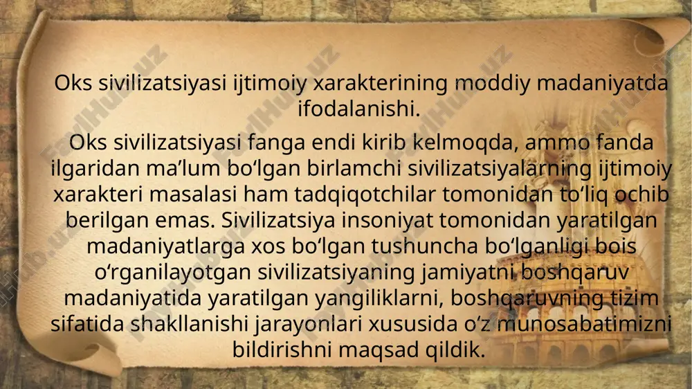 zatsiya, shaharmonand sivilizatsiya hamda ilk sivilizatsiya atamalarini qo‘llashgan. va bu holat tabiiy, albatta. akademik a.asqarov tomonidan sopollitepa yodgorligi o‘rganilayotgan davrda qo‘llanilgan prototsivilizatsiya atamasi to‘g‘ri edi. negaki, sopollitepada oks sivilizatsiyasiga xos bo‘lgan hunarmandchilikning barcha turlari shakllantirilib bo‘lingan, ammo u shahar tipidagi yodgorlik emas edi. jarqo‘ton yodgorligi, undagi saroy, ibodatxona hamda mudofaa inshootlari o‘rganilganidan so‘ng bu madaniyatga nisbatan ilk sivilizatsiya, sopollitepa uchun esa shaharmonand atamasi qo‘llanilgan. birlamchi sivilizatsiyalar davrida shakllangan ilk davlatlarning tiplari ham har xil nomlar bilan atalgan. ilk davlatlarning shakllanish jarayonlarini, xo‘jaligi asosida paydo bo‘ladigan ishlab chiqarishning xarakterini ham bir qolipga solib bo‘lmaydi, shuning uchun ham ular ilk sivilizatsiyalar singari har xil atalgandir. quyida siyosiy birlashmalar yoki ilk davlatlarning tiplarini ham jadval ko‘rinishida berdik. 1. «nom» 8 «ilk davlatlar» 2. «shahar-davlat» 9 «shakllanayotgan ilk davlatlar» 3. «kvazigorod» 10 «voha davlatlar» 4. «chifdom» 11 «mitti davlatlar» 5. «karlikovoe» 12 «havza davlatlar» 6. «vojdestvo» 13 «hududiy davlatlar» 7. «ko‘p tarkibli vojdestvo» 14 …