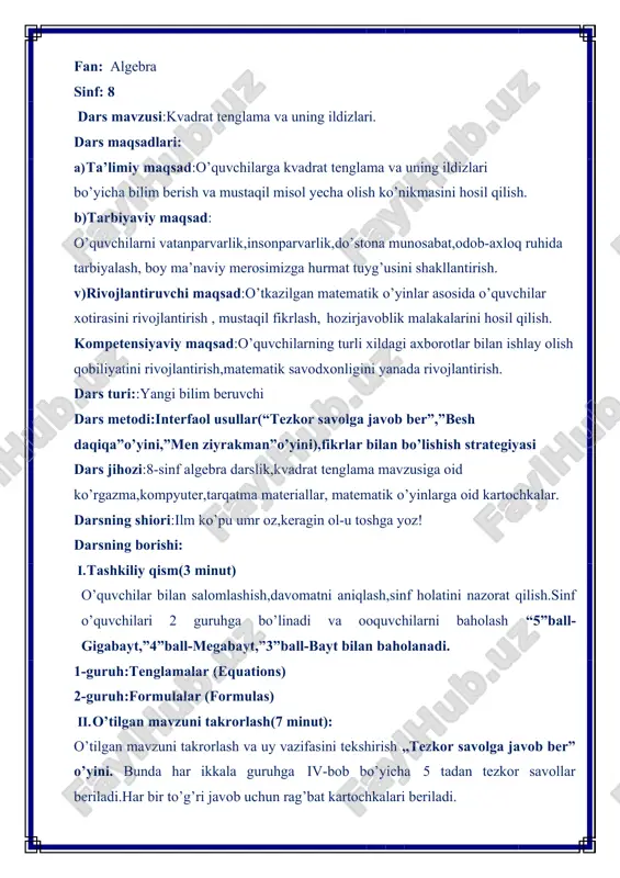 ga bo’ladi? 3.ratsional son deb nimaga aytiladi? 4. irratsional son deb nimaga aytiladi? 5. haqiqiy sonlar to’plami deb nimaga aytiladi? 2- guruh:formula. 1. darajaning kvadrat ildizi uchun qanday teorema o’rinli? 2. ayniyat deb nimaga aytiladi? 3. ko’paytmaning kvadrat ildizi uchun qanday teorema o’rinli? 4. kasrning kvadrat ildizi uchun qanday teorema o’rinli? 5. ikki sonning o’rta arifmetigi haqidagi teoremani ayting. “besh daqiqa” o’yini. bunda o’quvchilar iv bob bo’yicha berilgan 5 ta misollarni guruh bilan 5 daqiqa ichida yechib berishi kerak. 1. √22+3*7= 2. √46= 3. √27*12= 4. 20*√18/5√ 2= _ 5. (25-a)/ (5+√a)= o’tilgan mavzu xulosalanadi. iii. yangi mavzuning bayoni.(10 minut) kvadrat tenglama deb, ax2+bx+c=0 ko’rinishdagi tenglamaga aytiladi, bunda a,b,c – berilgan sonlar, a=0, x esa noma’lum. kvadrat tenglamaning a,b,c koeffitsiyentlari odatda bunday ataladi: a – birinchi yoki bosh koeffitsiyent, b – ikkinchi koeffitsiyent, c – ozod had. x2 = d tenglama, bunda d > 0, ikkita ildizga ega: x1 =√ …