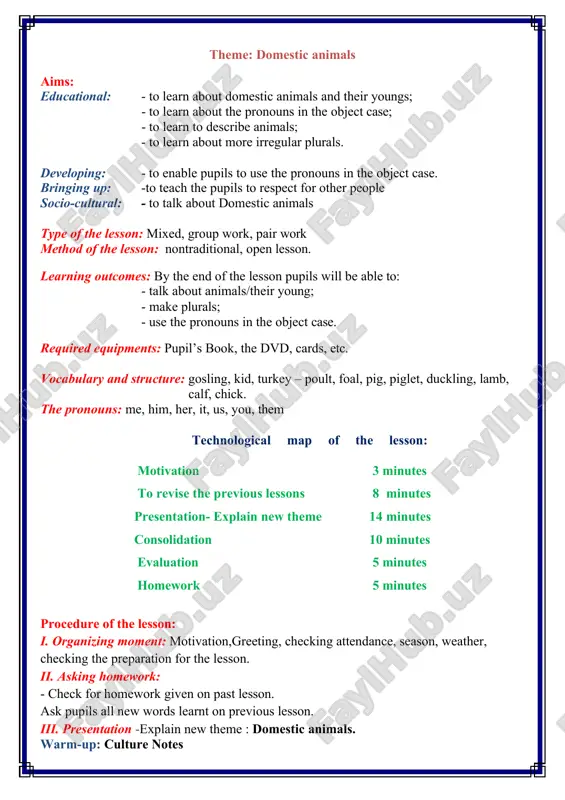 , chickens, ducks, geese, turkeys, fish kept in ponds and which are for eating. main part of the lesson: activity 1 listen and repeat. 5 min objective: to introduce the unit topic; to warm upplay the dvd. ask the pupils to listen to and repeat the song. look at unit 9 lesson 1 activity 1 for the dvd script. activity 2a match the pictures and words. 7 min objective: to present the new vocabulary step 1: ask the pupils to look at the pictures and words. explain that they must find the meaning of the new words by themselves matching the words and pictures. you can also use the dvd for this purpose. step 2: elicit the meaning of the words. ask other pupils to check own answers. 1. goose – gosling. 2. goat – kid. 3. turkey – poult. 4. donkey – foal. 5. horse – foal. 6. pig …