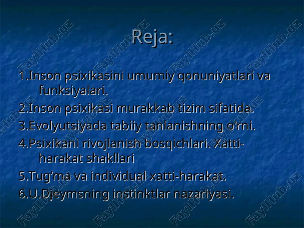 ng faoliyat jarayonida uning ichki rejasini, dasturini hosil qilgan holda shakllanadi. aynan, ongda voqelikning harakatchan ko‘rinishlari yuzaga keladi, ular yordamida inson atrof-muhitda o‘z yo‘nalishini aniqlay oladi. ong va faoliyatning birligi tamoyili psixologlarga xulq-atvor, faoliyatni o‘rgangan holda, samarali maqsadga muvofiq harakatlarning ichki psixologik mexanizmlarini aniqlash, ya’ni, psixikaning ob’ektiv qonuniyatlarini ochib berish imkonini beradi. 3. psixika va ongning faoliyatda rivojlanish tamoyili. ushbu tamoyil psixika haqida uning faoliyat jarayoni va natijasi sifatida uzluksiz rivojlanishda ko‘rib chiqilgandagina to‘g‘ri tushuncha hosil bo‘lishini bildiradi. har bir psixik hodisaning tadqiq etilishi shu hodisaning aynan hozirgi vaqtga tegishli bo‘lgan xususiyatlarining ta’rifini, yuzaga kelish va shakllanish tarixini, shuningdek, rivojlanish istiqbollarini o‘z ichiga olgan bo‘lishi kerak. inson psixikasi murakkab tizim sifatida olimlar inson psixologiyasi va xulq-atvorini o‘rganishda ularni bir tomondan, organizmning biologik tuzilishi va faoliyati nuqtai nazaridan, ikkinchi tomondan, ijtimoiy rivojlanish qonunlari yordamida tushuntirib berishga harakat qiladilar. birinchi vaziyatda psixika va xulq-atvorning irsiyat bilan belgilanadigan tug‘ma, anatomiya va fiziologiya bilan …