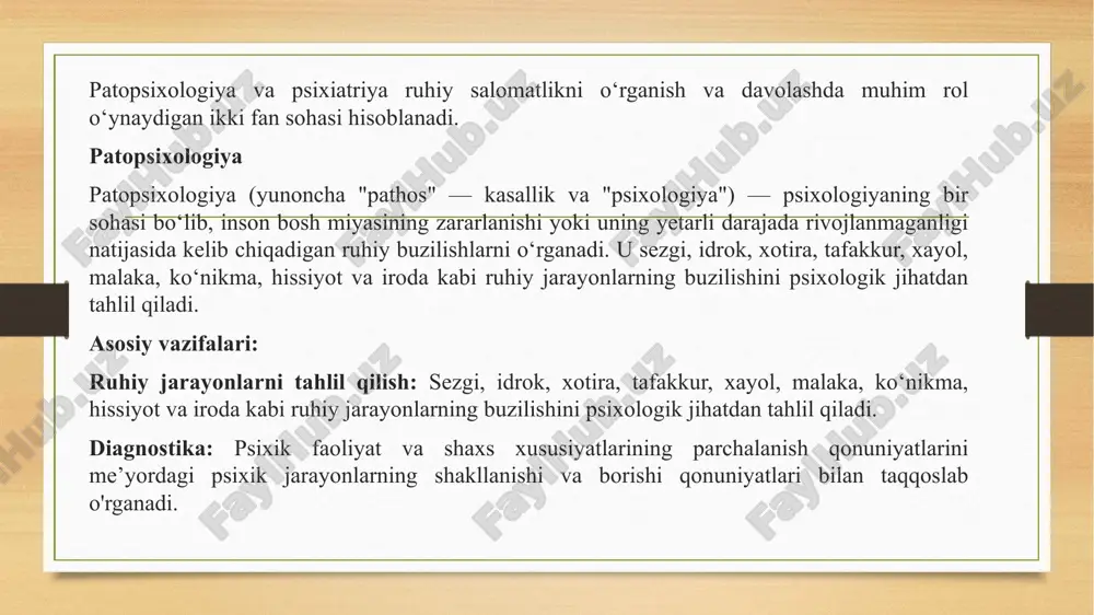 iqish orqali bemorlarning hayot sifatini yaxshilashga qaratilgan. psixiatriya — klinik tibbiyot sohasi bo‘lib, psixik kasalliklarning kelib chiqish sabablari, belgilari va rivojlanish mexanizmlarini o‘rganadi, ularning oldini olish, davolash va bemorlarga tibbiy yordam ko‘rsatishni tashkil etish usullarini ishlab chiqadi. asosiy yo'nalishlari: umumiy psixiatriya: ruhiy xastaliklarning umumiy alomatlari va ularning kechishini o‘rganadi. xususiy psixiatriya: ruhiy xastaliklarning alohida turlarini, ularning diagnostikasi va davolash usullarini o'rganadi. o‘zbekistonda psixiatriya ta'limi: o‘zbekistonda psixiatriya sohasida kadrlar tayyorlashga alohida e’tibor qaratiladi. masalan, toshkent tibbiyot akademiyasining psixiatriya va narkologiya kafedrasi ushbu yo‘nalishda ilmiy-tadqiqot ishlarini olib boradi, bakalavriat va magistratura darajalarida ta’lim beradi. psixiatriya inson ruhiy salomatligini saqlash va tiklashda muhim rol o‘ynaydi. uning rivojlanishi va amaliyotga tatbiq etilishi jamiyatda ruhiy kasalliklarning oldini olish va davolashda samarali natijalar beradi. diagnostika: psixiatriya ruhiy kasalliklarni aniqlashda patopsixologik test va usullardan foydalanadi. bu usullar yordamida bemorning ruhiy jarayonlaridagi buzilishlar aniqlanadi va tegishli davolash choralari belgilanadi. davolash: psixiatriya ruhiy kasalliklarni davolashda patopsixologik tadqiqotlar natijalariga tayanadi. …
